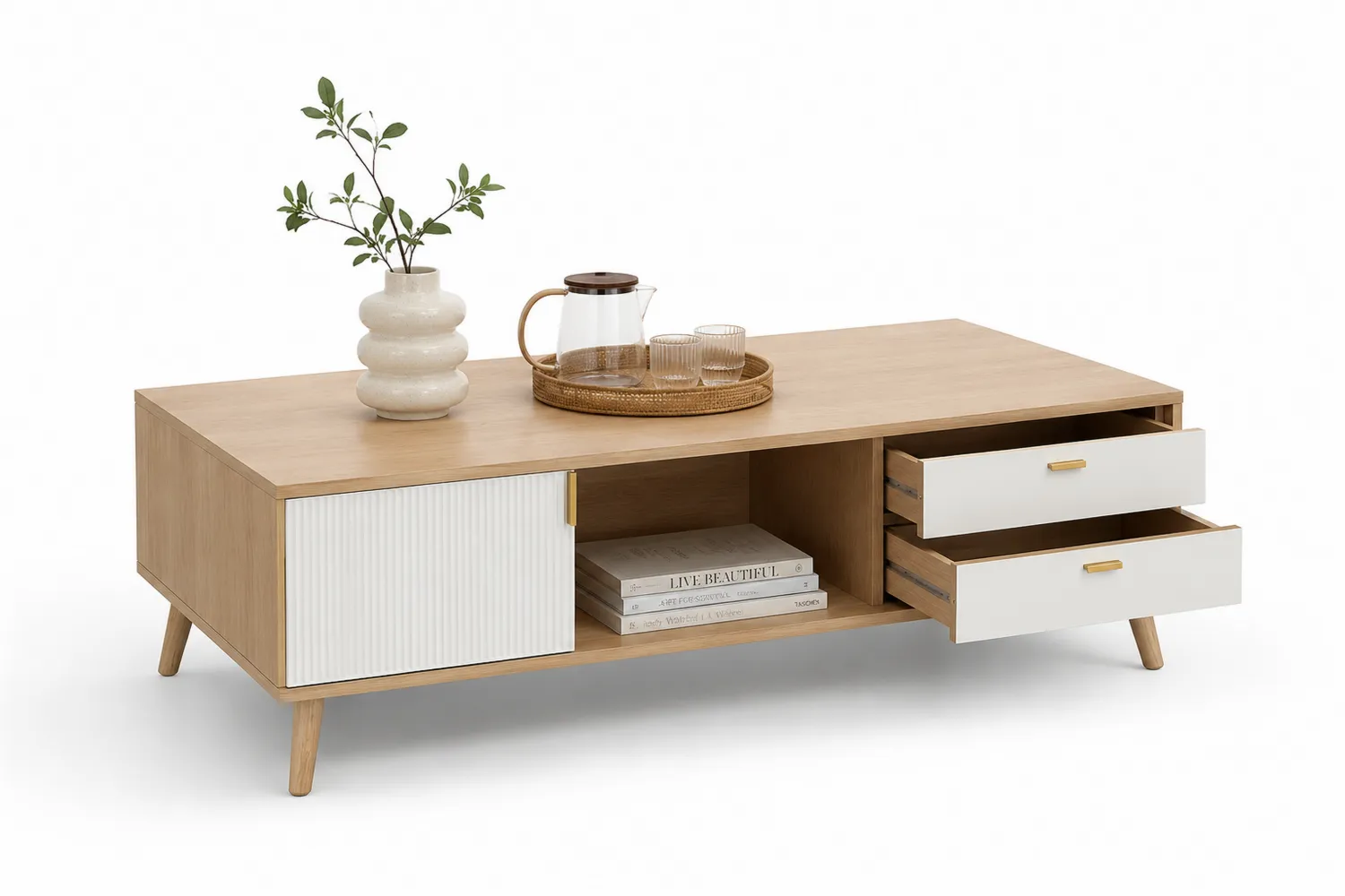 Holz Couchtisch mit Schubladen in Weiß und Eiche