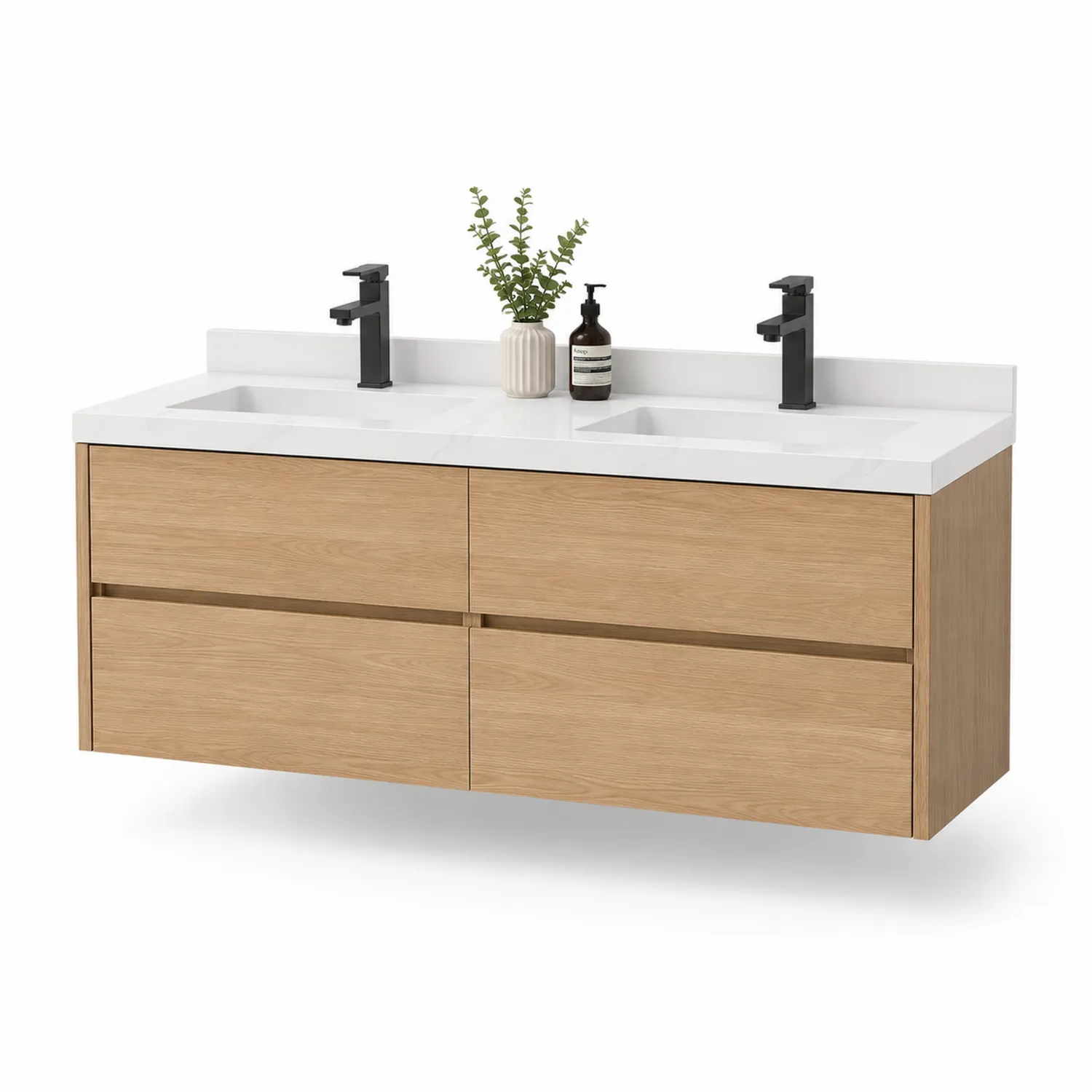 Hängender Doppelwaschtischschrank Eichenholz und Keramik 150x50x50 cm