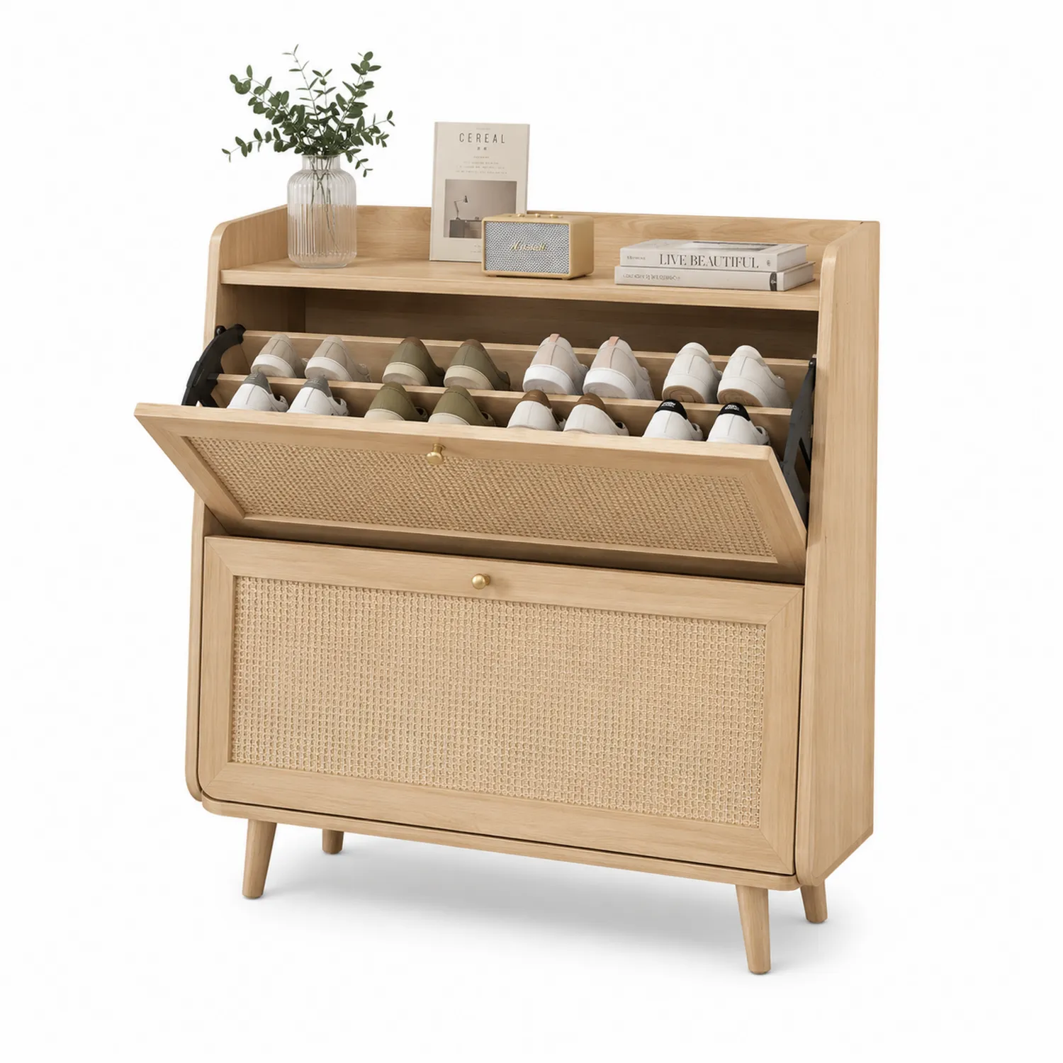 Schuhschrank Kiefernholz Rattan Beige 90 cm