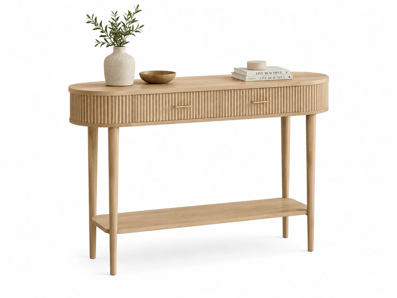 Ovale Konsole aus Eichenholz mit Schublade und Regal, 120 cm