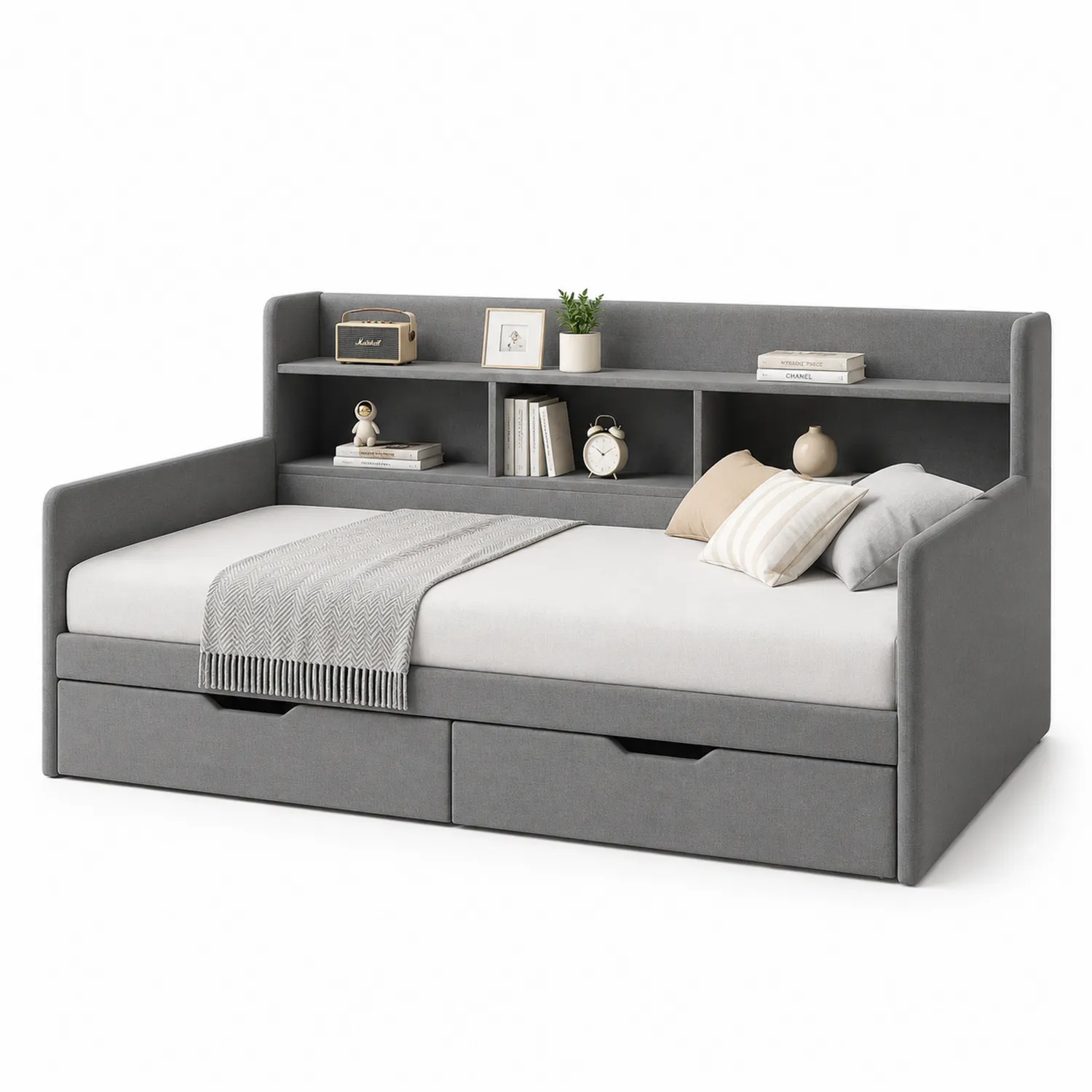Graues Tagesbett aus Stoff mit Regalen und Schubladen 200x90 cm