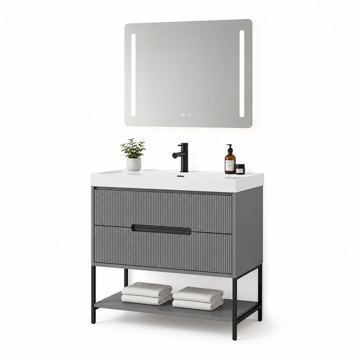 Einzelwaschtischschrank Grau Metall MDF mit Spiegel und LED
