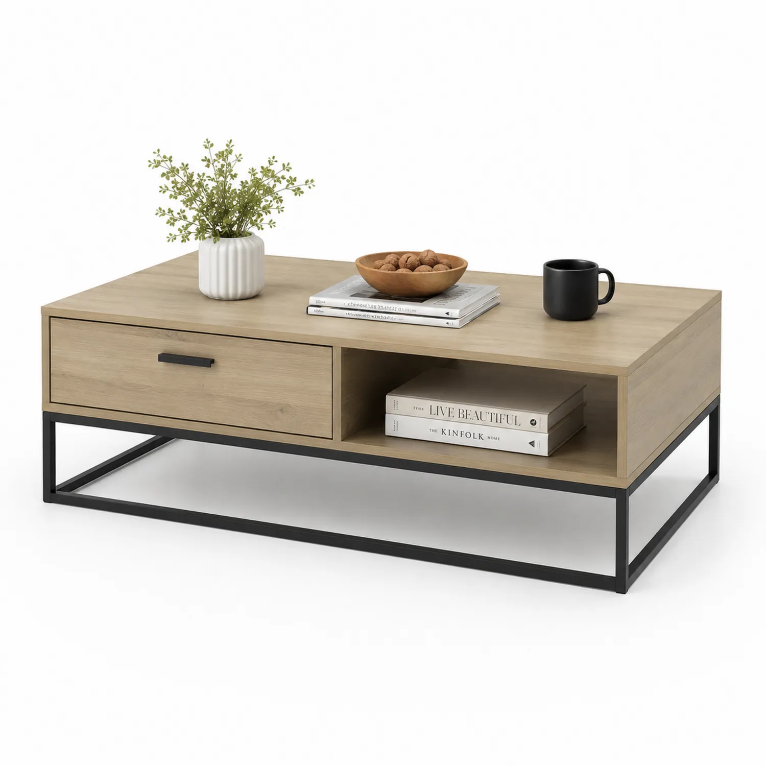 Rechteckiger Couchtisch Holzoptik mit Stahlsockel 110x60x40 cm