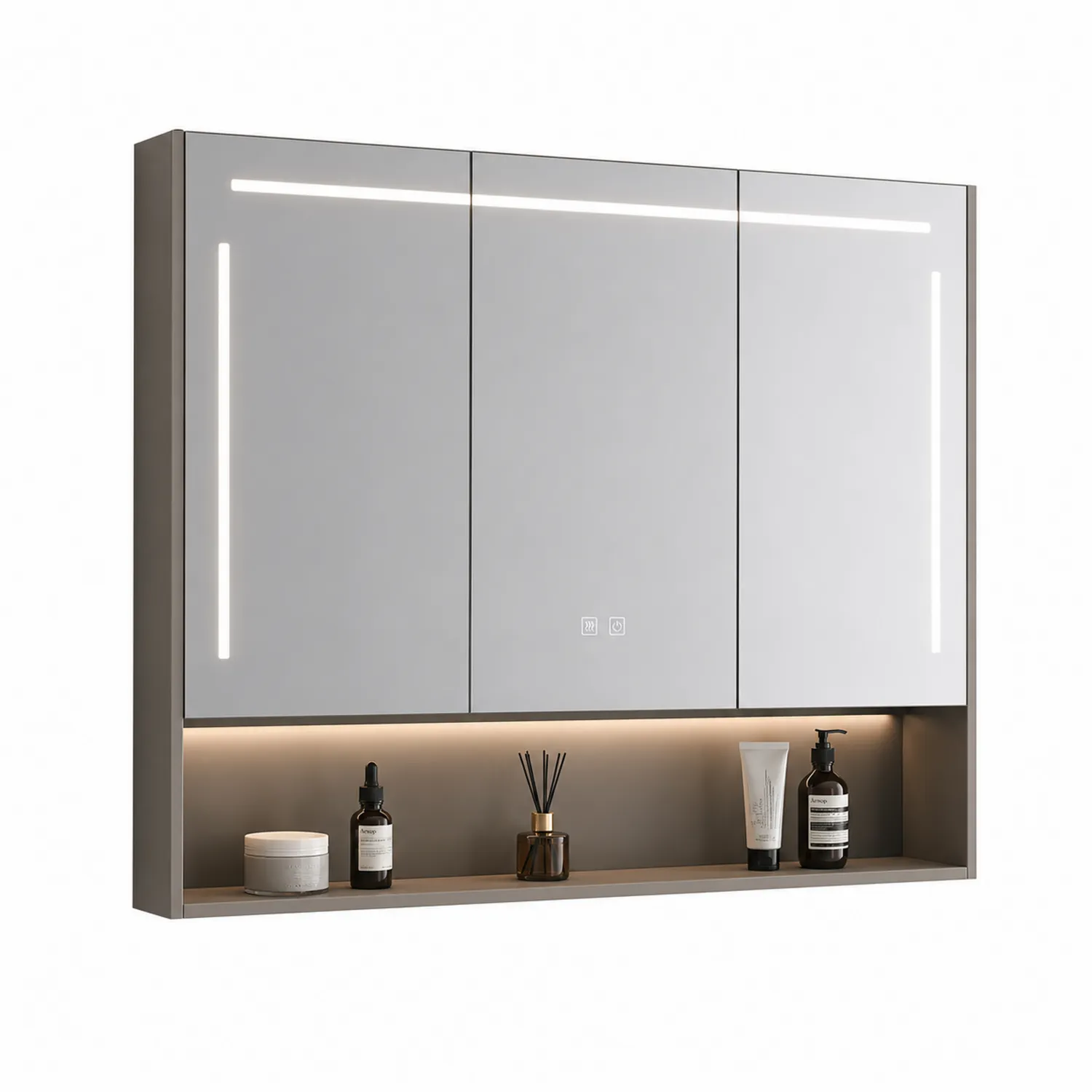 Badezimmerspiegelschrank mit LED 80cm Spiegelglas und Holzoptik