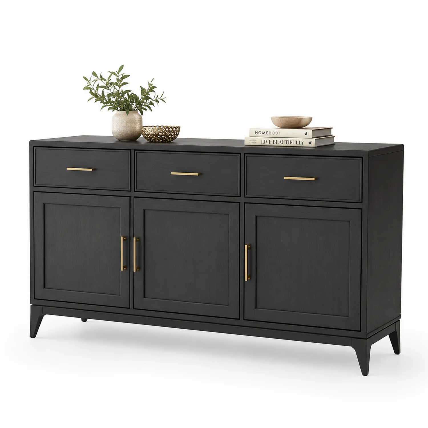 Sideboard aus schwarzem Holz mit Schubladen und Türen
