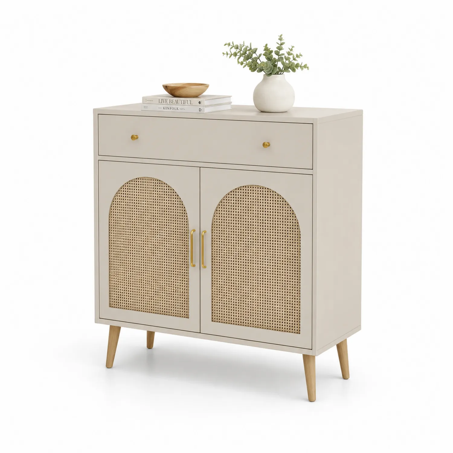 Kommode aus MDF mit Rattan-Türen und Schublade Beige 80cm x 35cm x 95cm