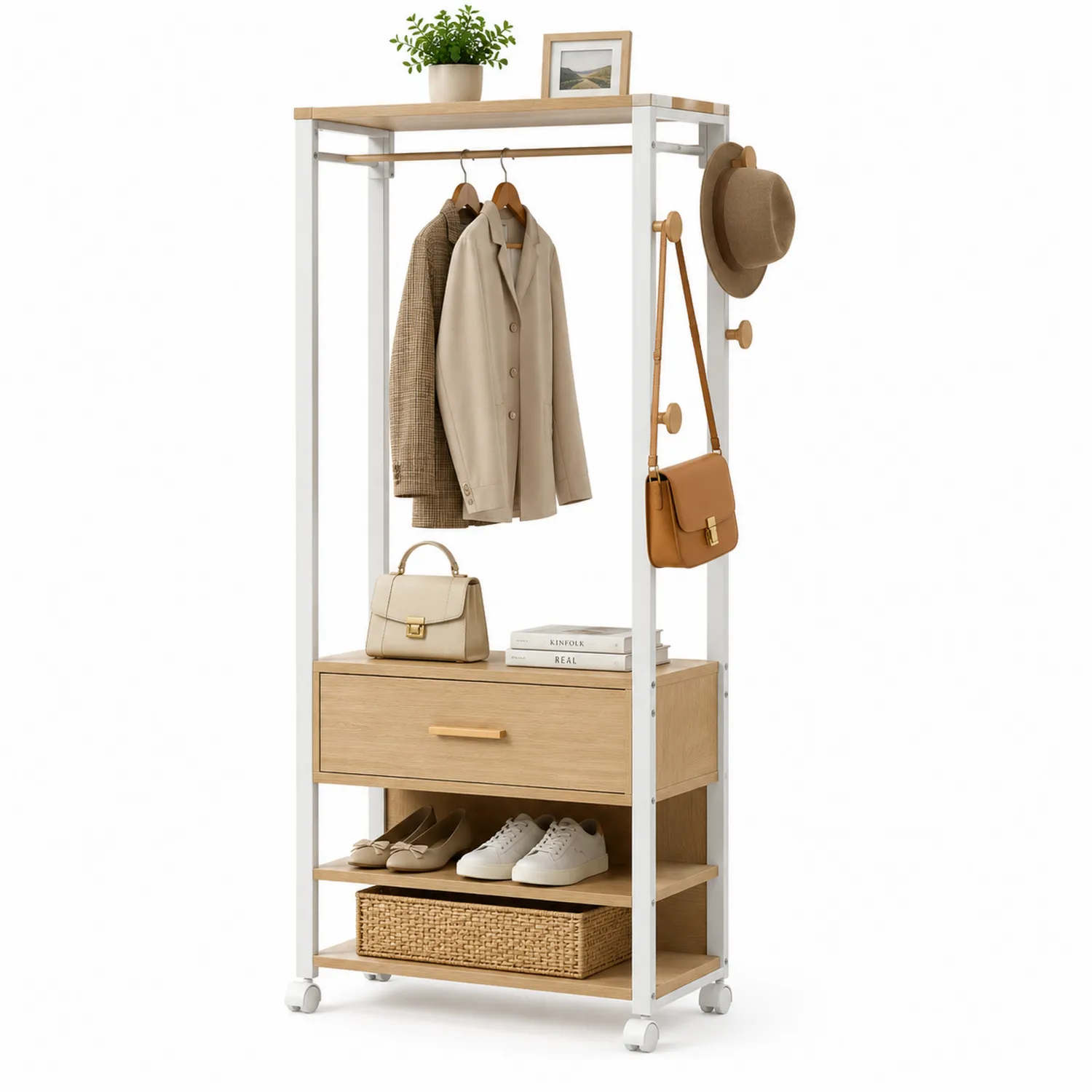 Garderobenständer mit Kleiderstange und Ablagen aus MDF und Stahl Weiß/Natur