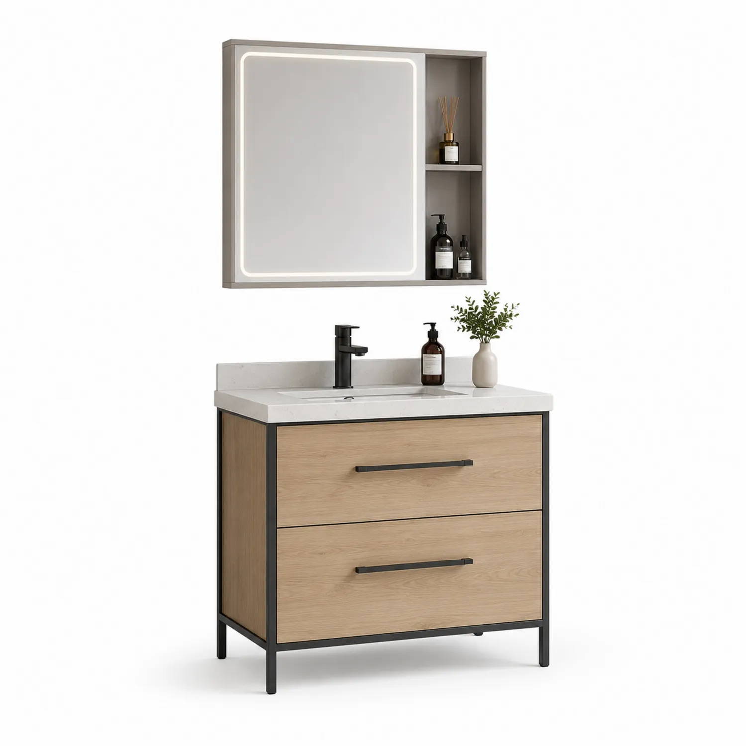 Waschtischschrank Eiche mit LED-Spiegel 80x45x85cm