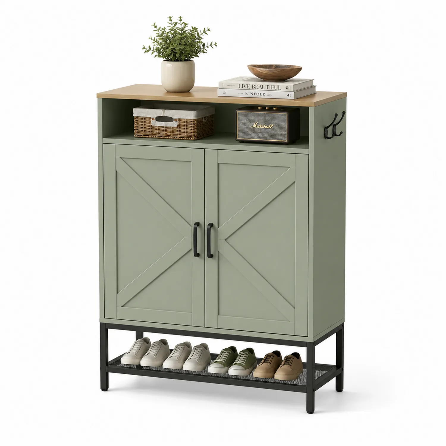 Schuhschrank mit MDF und Metall, Grün