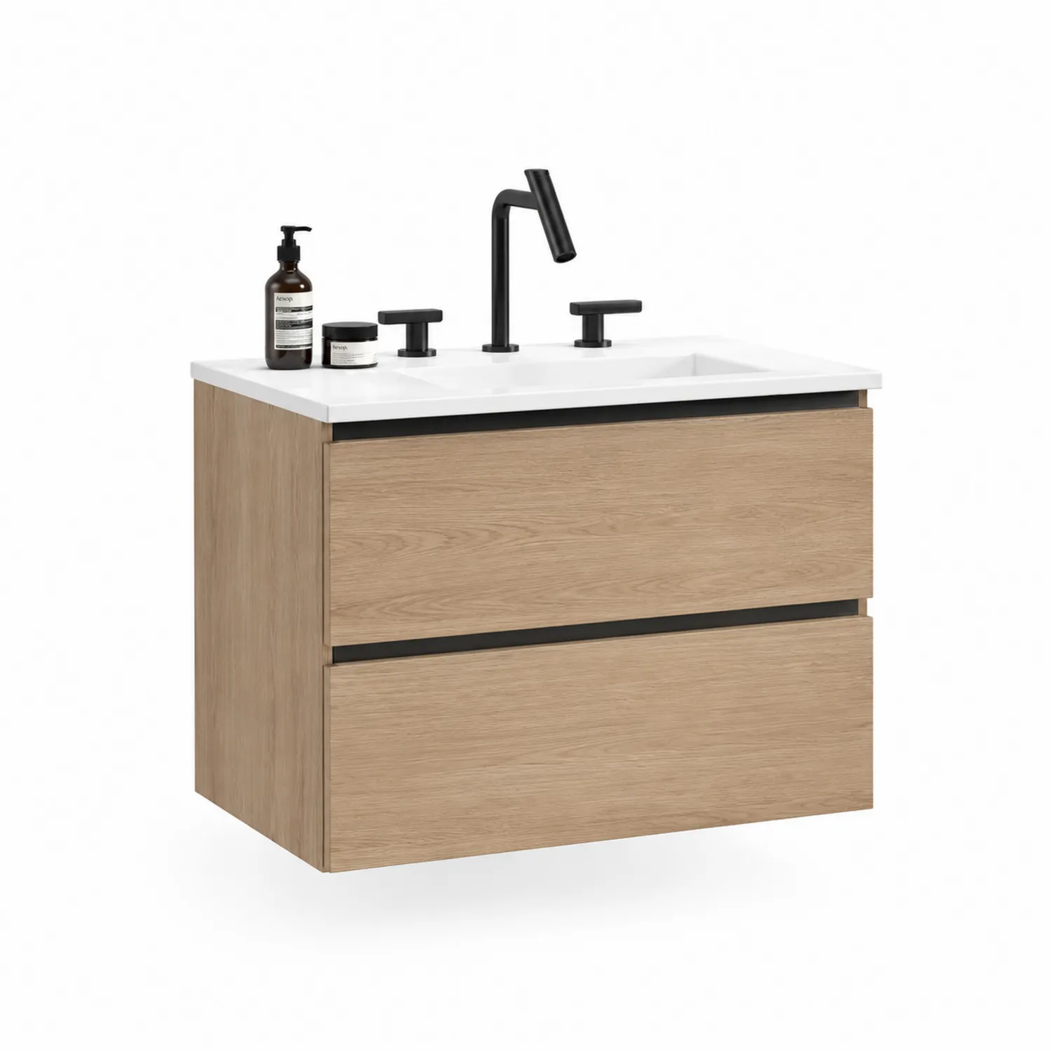 Badezimmerschrank Holzoptik MDF mit Keramik Waschbecken