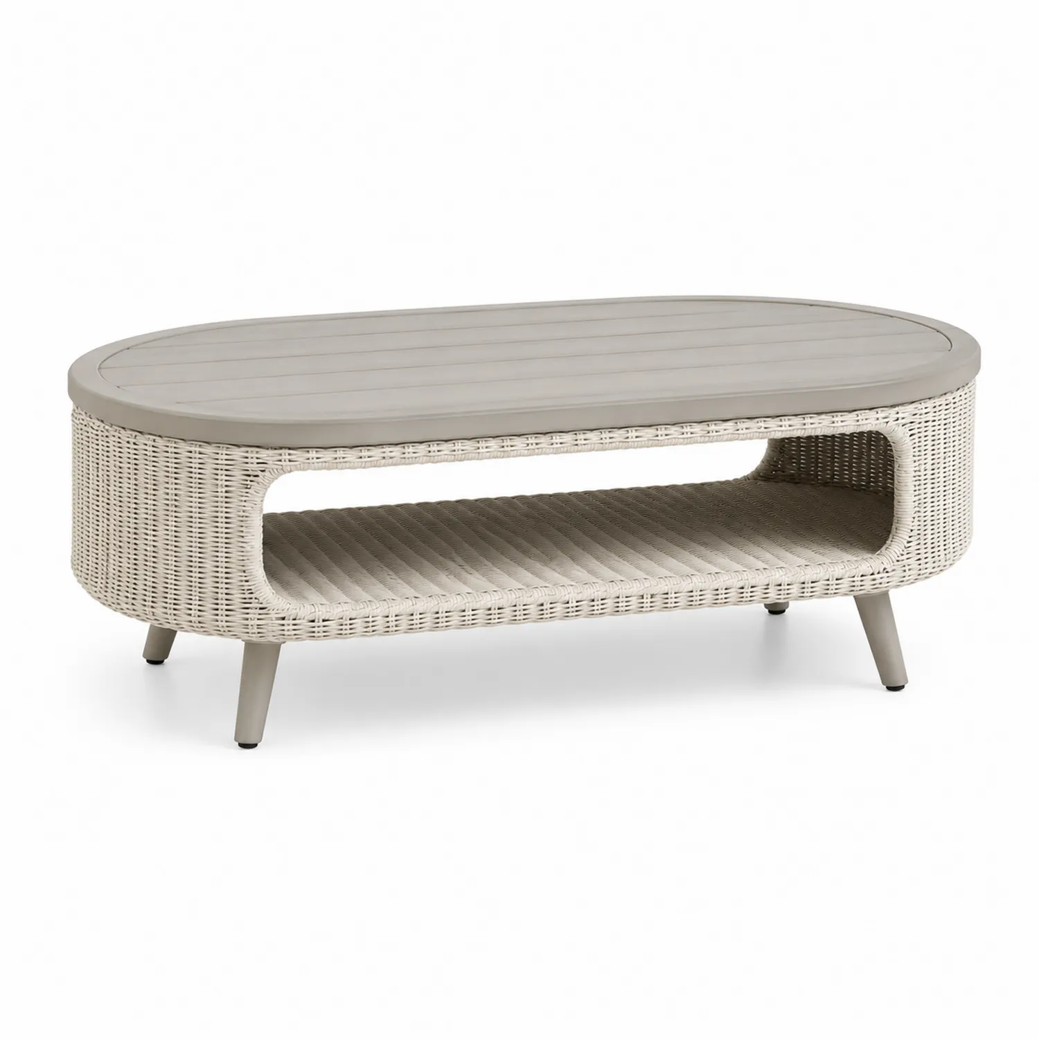 Ovaler Couchtisch aus Polyholz und Aluminium Geflecht Grau/Beige