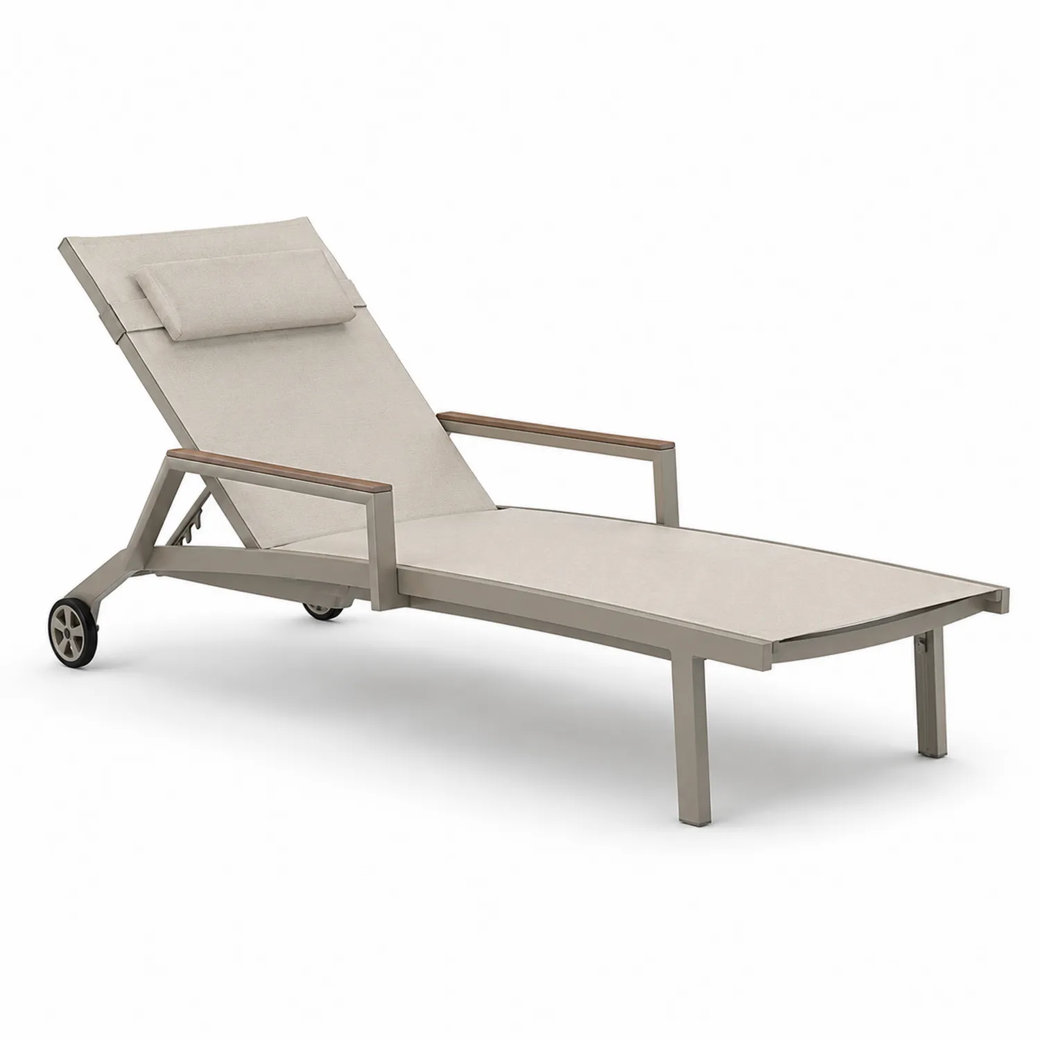 Aluminium-Sonnenliege mit Textilene und Holzarmlehnen Beige