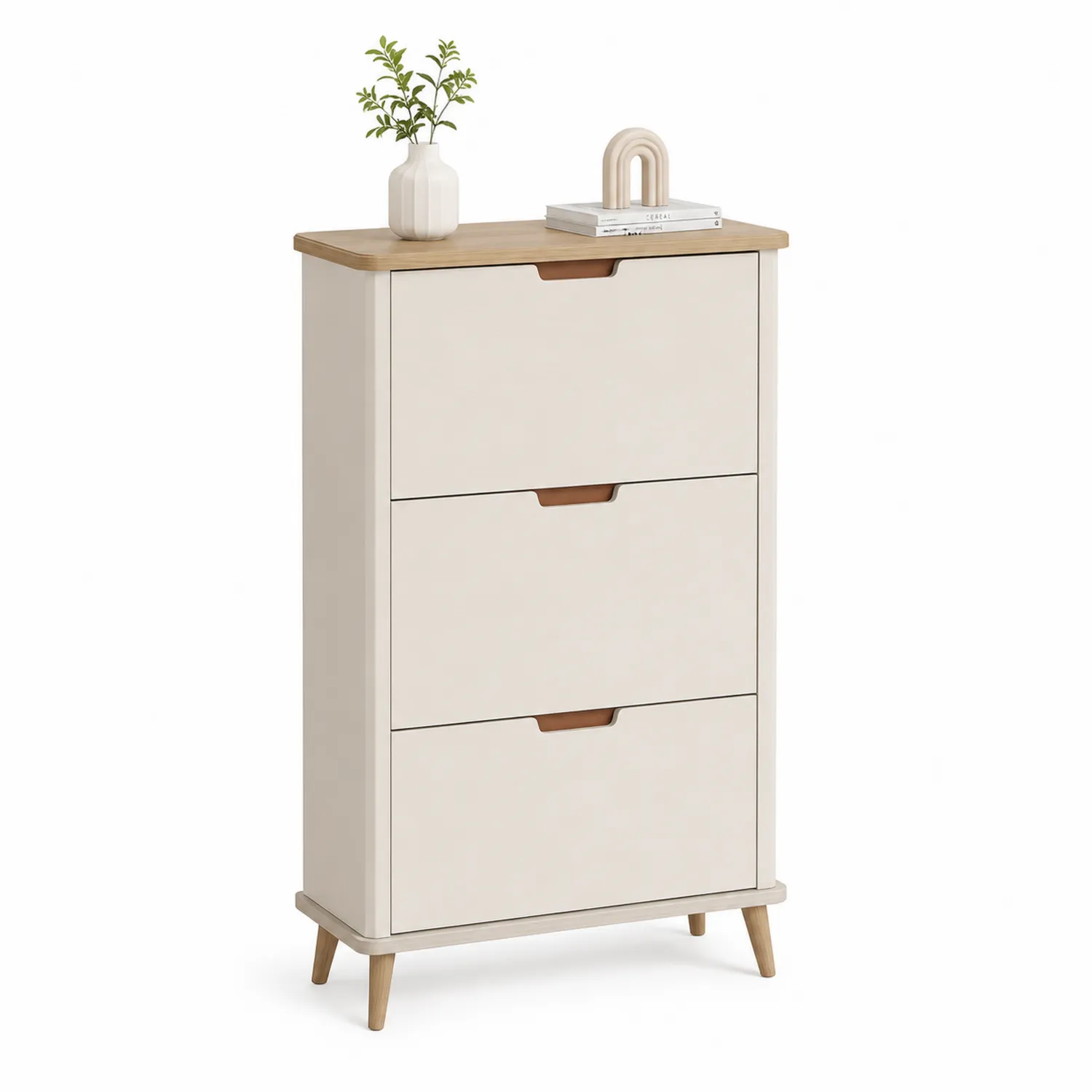 Schuhschrank MDF Beige mit 3 Klappen und Eichenholzdetails