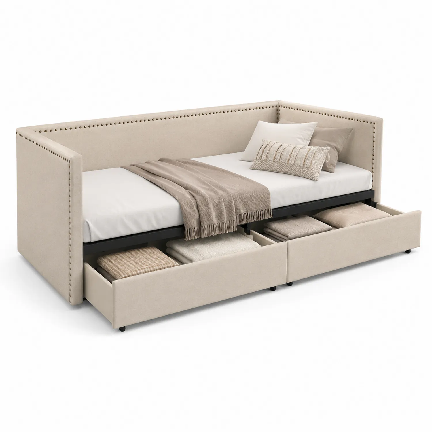 Tagesbett mit Holzstruktur und Schubladen aus Stoff Beige 200x90 cm