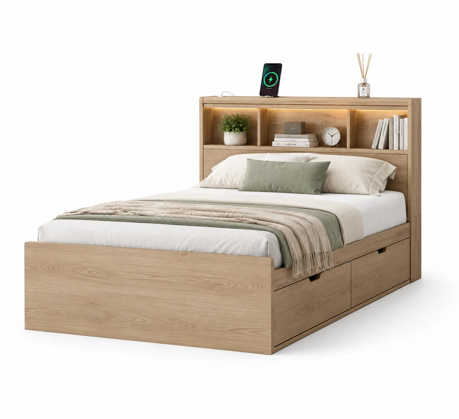 Bett aus Holz 140x200 cm mit Beleuchtung und Schubladen
