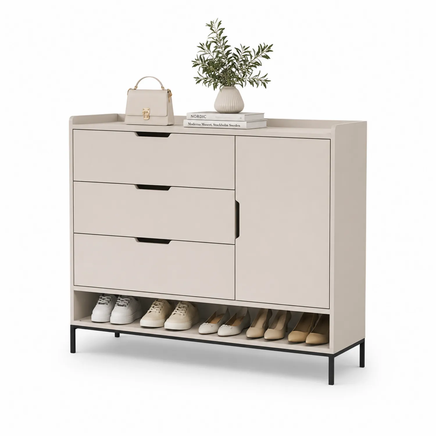 Schuhschrank mit 3 Schubladen und Metallfüßen, Beige, 120x35x110 cm
