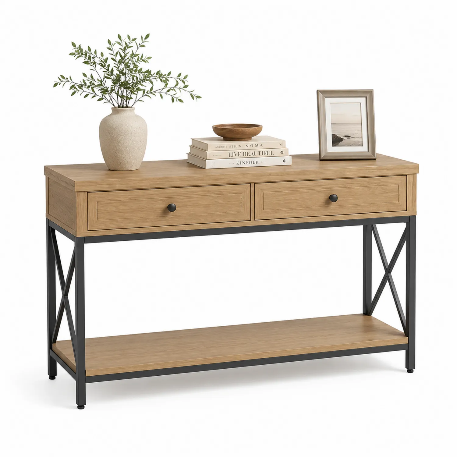 Holz Konsolentisch mit Schubladen und Stahlgestell 120x40x80cm