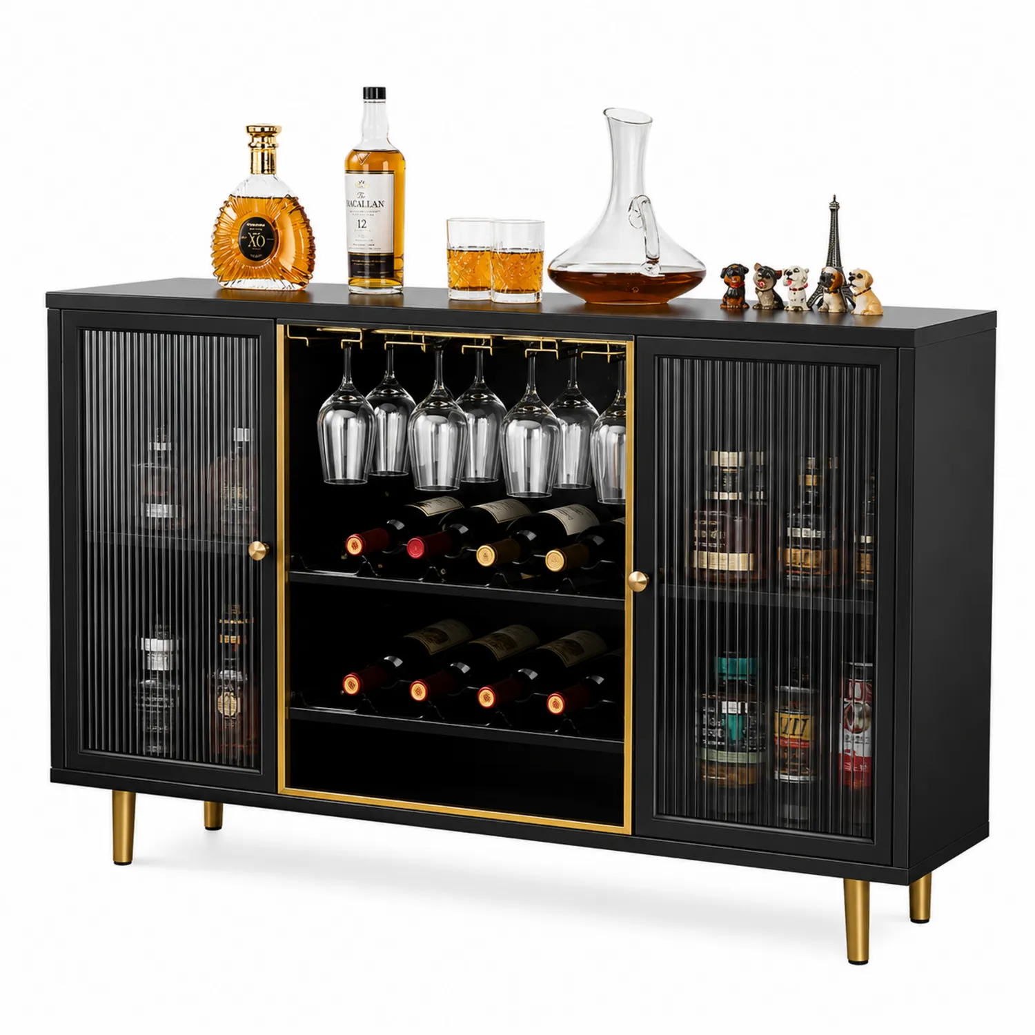 Schwarzes Sideboard aus MDF mit gehärtetem Glas für Weinflaschen 120 cm