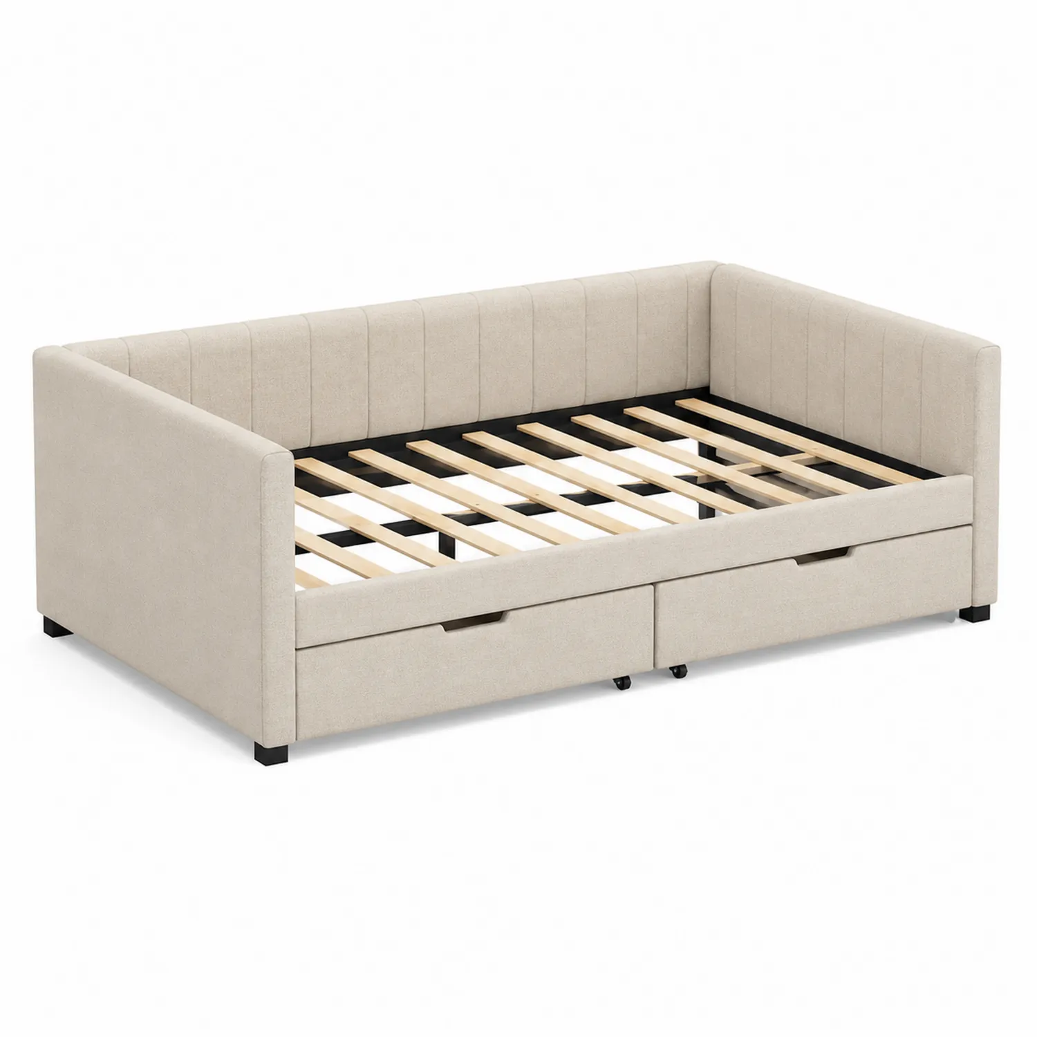 Tagesbett Beige Leinenoptik mit Holzrahmen und Schubladen