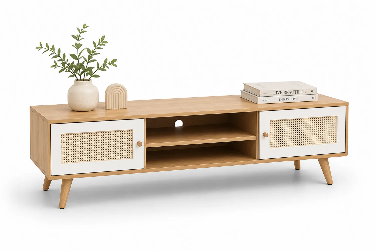TV-Schrank aus Kiefernholz mit Rattantüren, 140cm