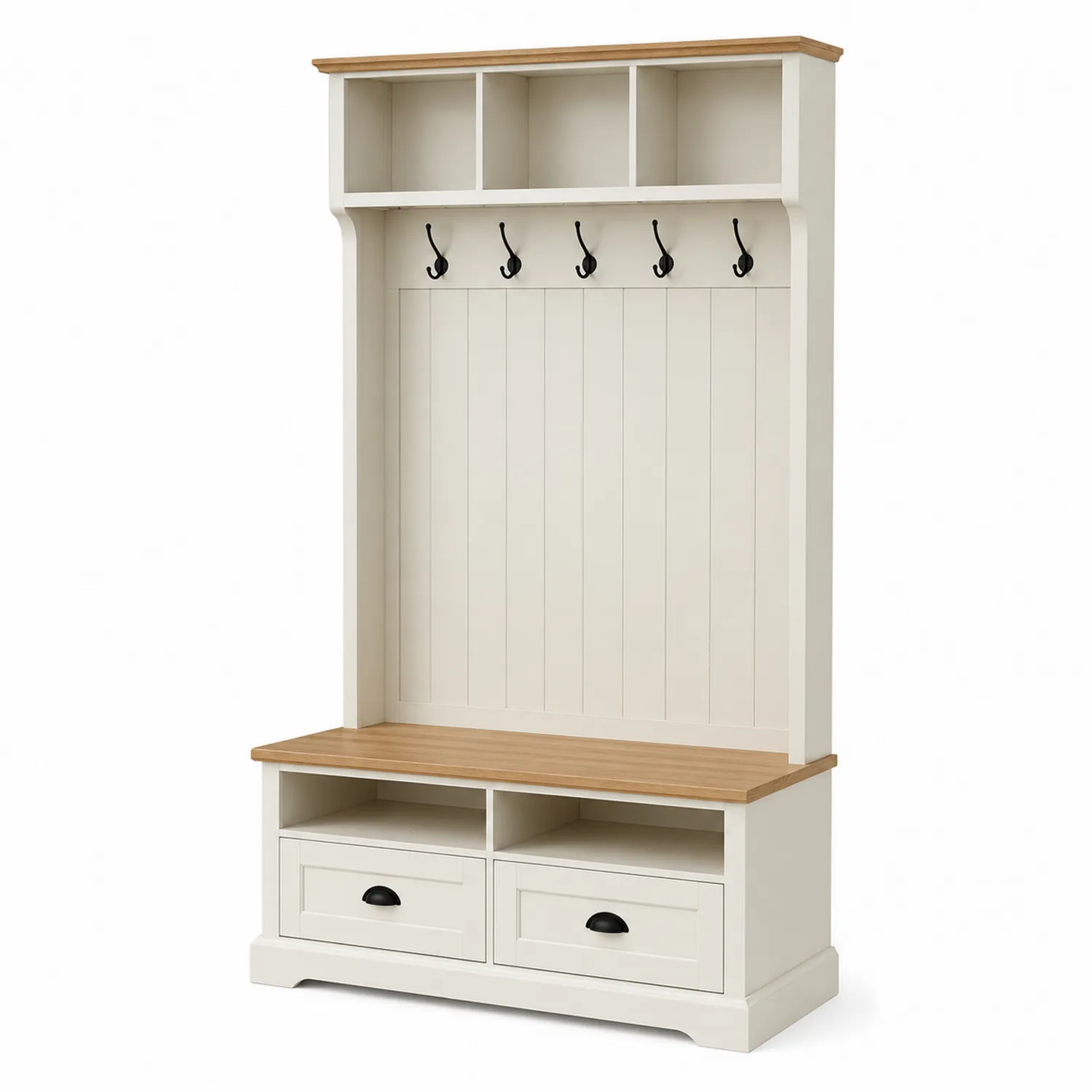 Garderobenständer Weiß MDF und Eichenholz mit Haken und Schubladen