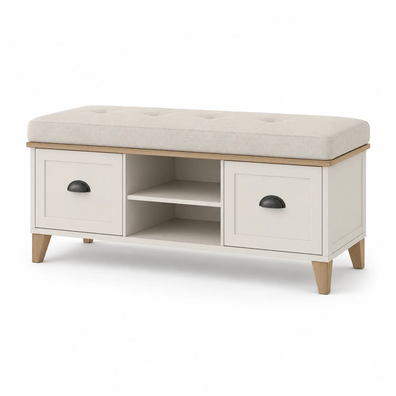 Holz Aufbewahrungsbank mit Leinenbezug 90x40x45cm Weiß/Beige