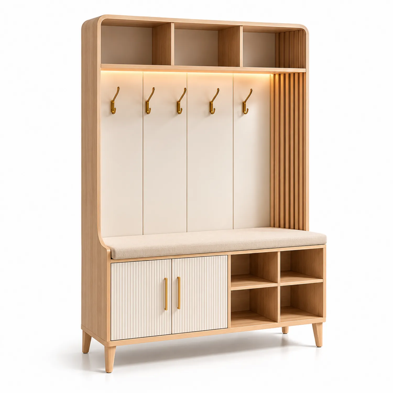 Garderobenmöbel aus Holz und Textilgewebe mit Haken und Stauraum