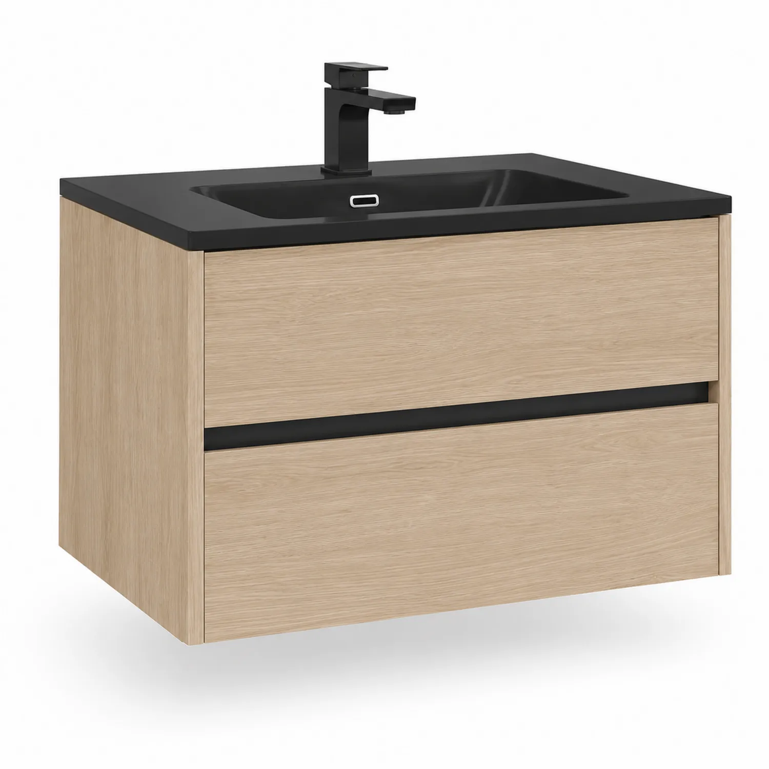 Wandhängender Waschtischschrank aus Holz mit schwarzem Waschbecken