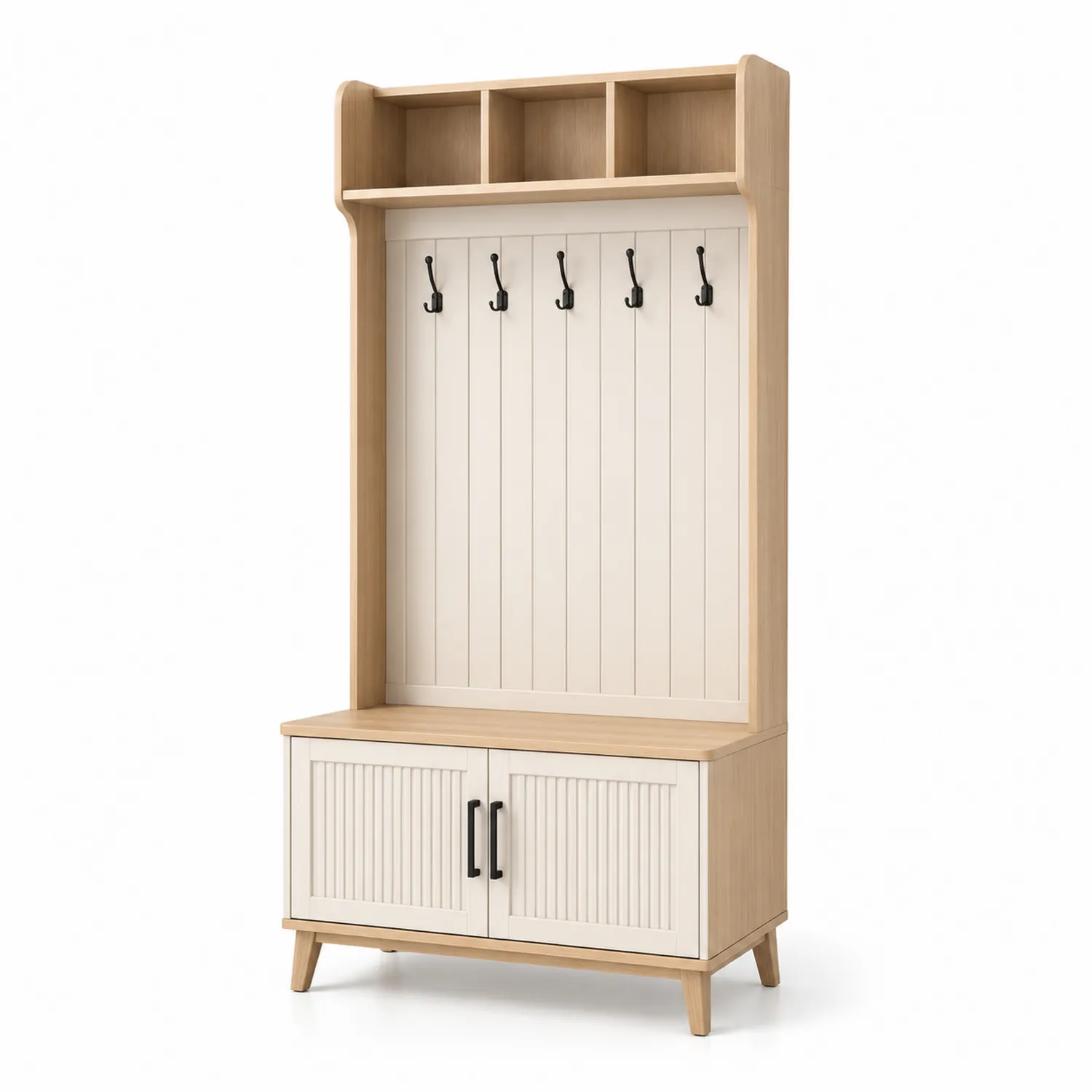 Holz Garderobenständer mit Sitzbank und 6 Haken Eiche/Weiß