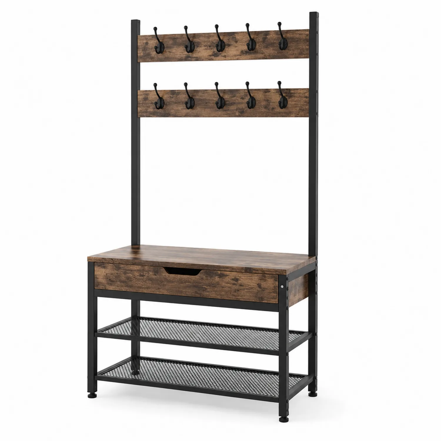 Garderobenständer mit Sitzbank MDF Holz Metall 12 Haken