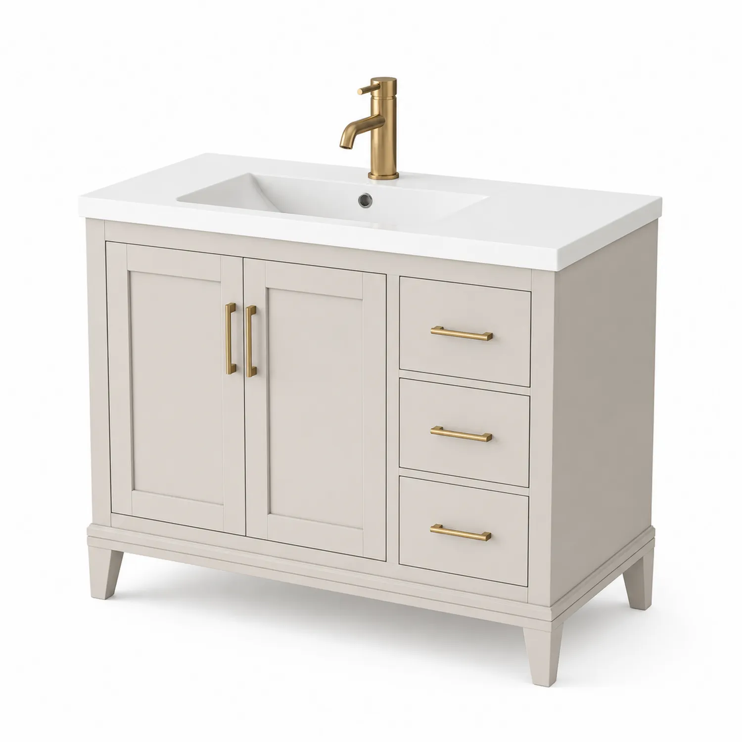 Beige Holz Waschtisch mit Keramik-Waschbecken und Messing-Wasserhahn
