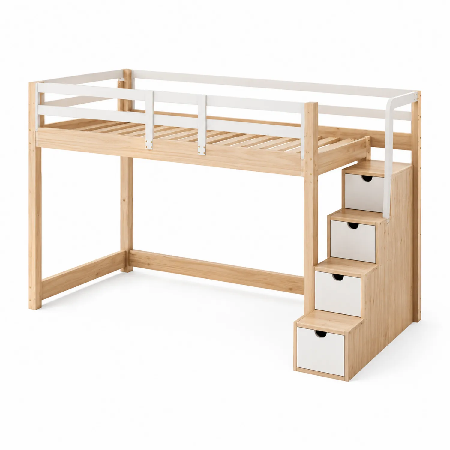 Kinderhochbett aus Kiefernholz und MDF mit Schubladen Weiß Natur