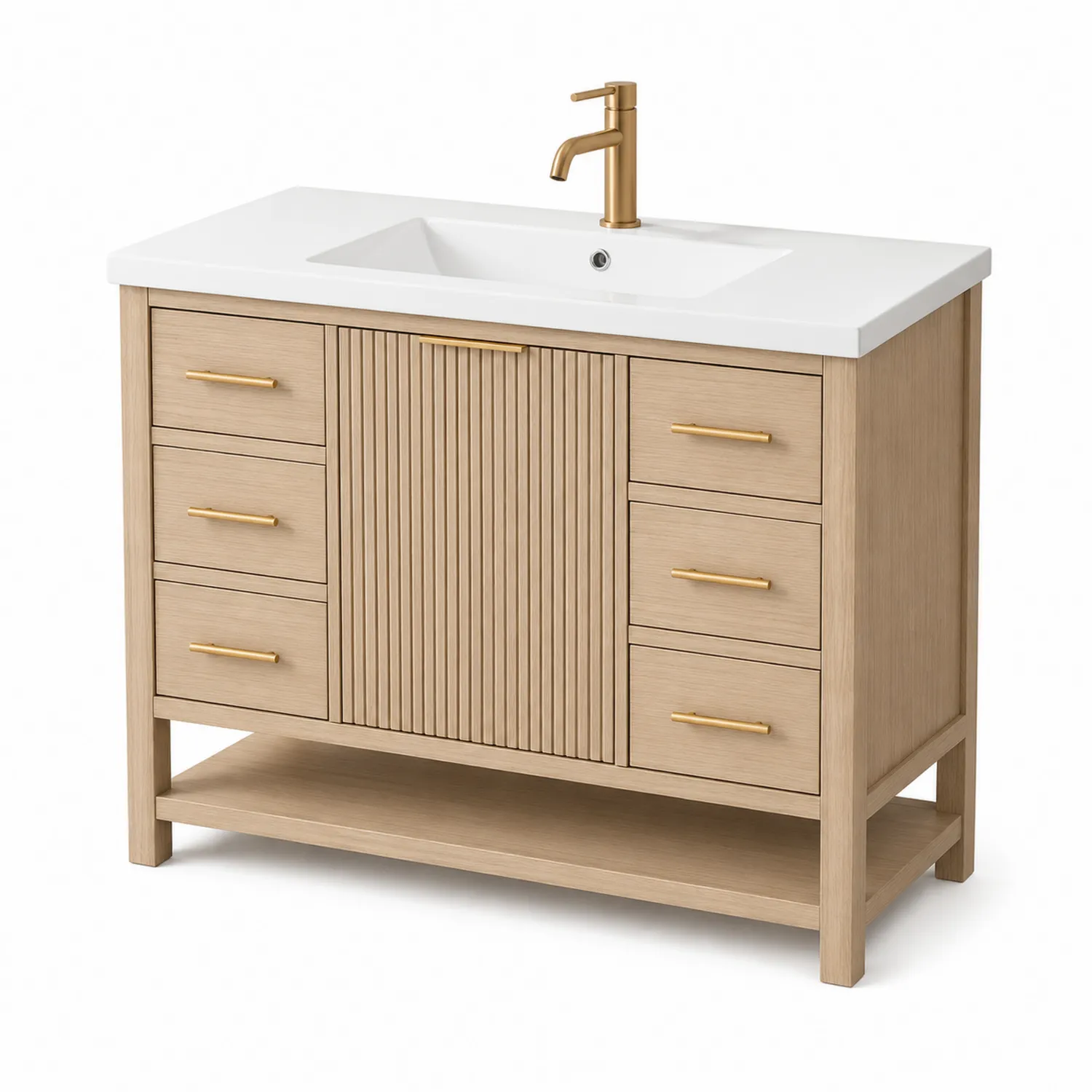 Waschtisch Eiche Holz mit Weißer Keramikoberfläche und Messing Wasserhahn