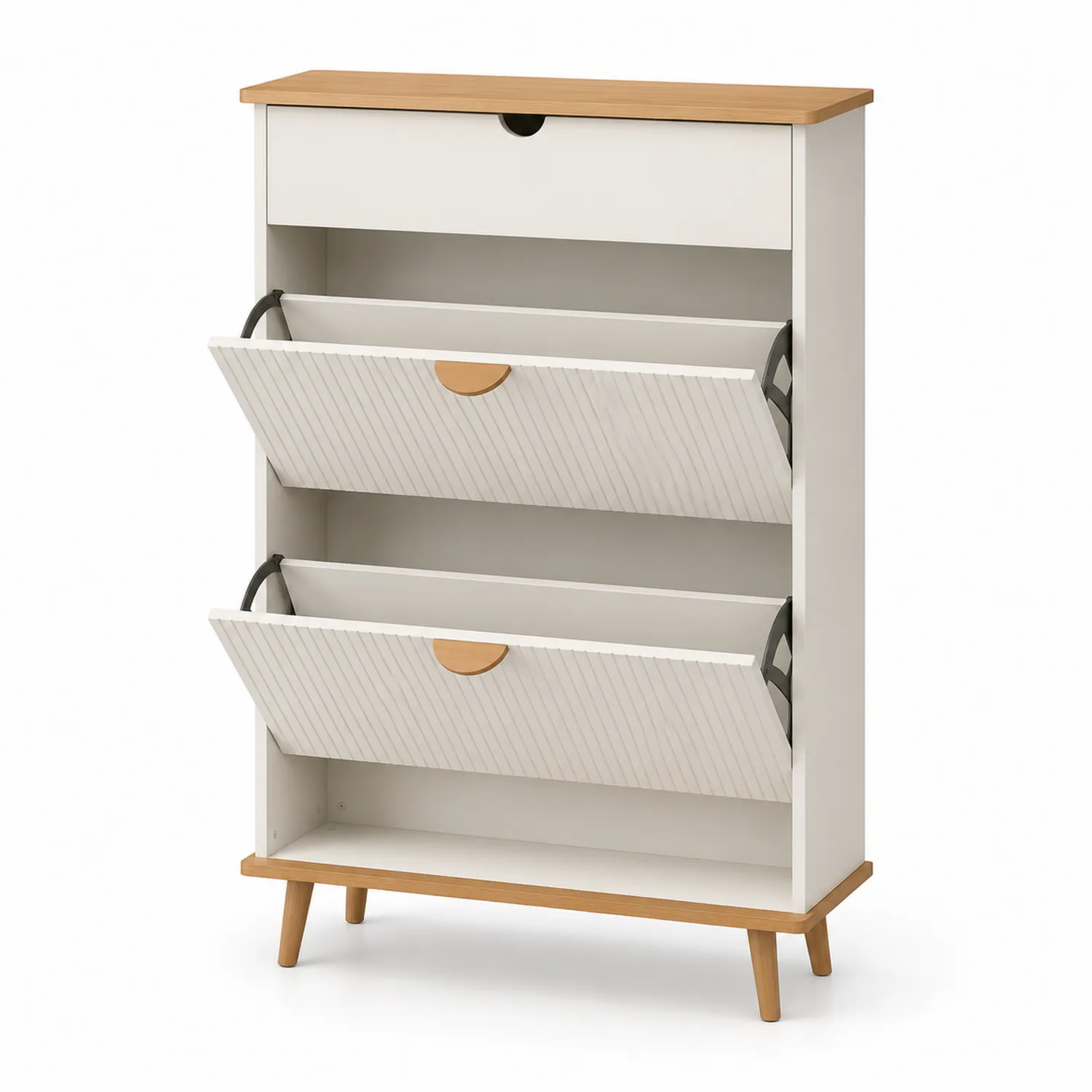Schuhschrank Weiß MDF/Naturholz 3 Klappfächer