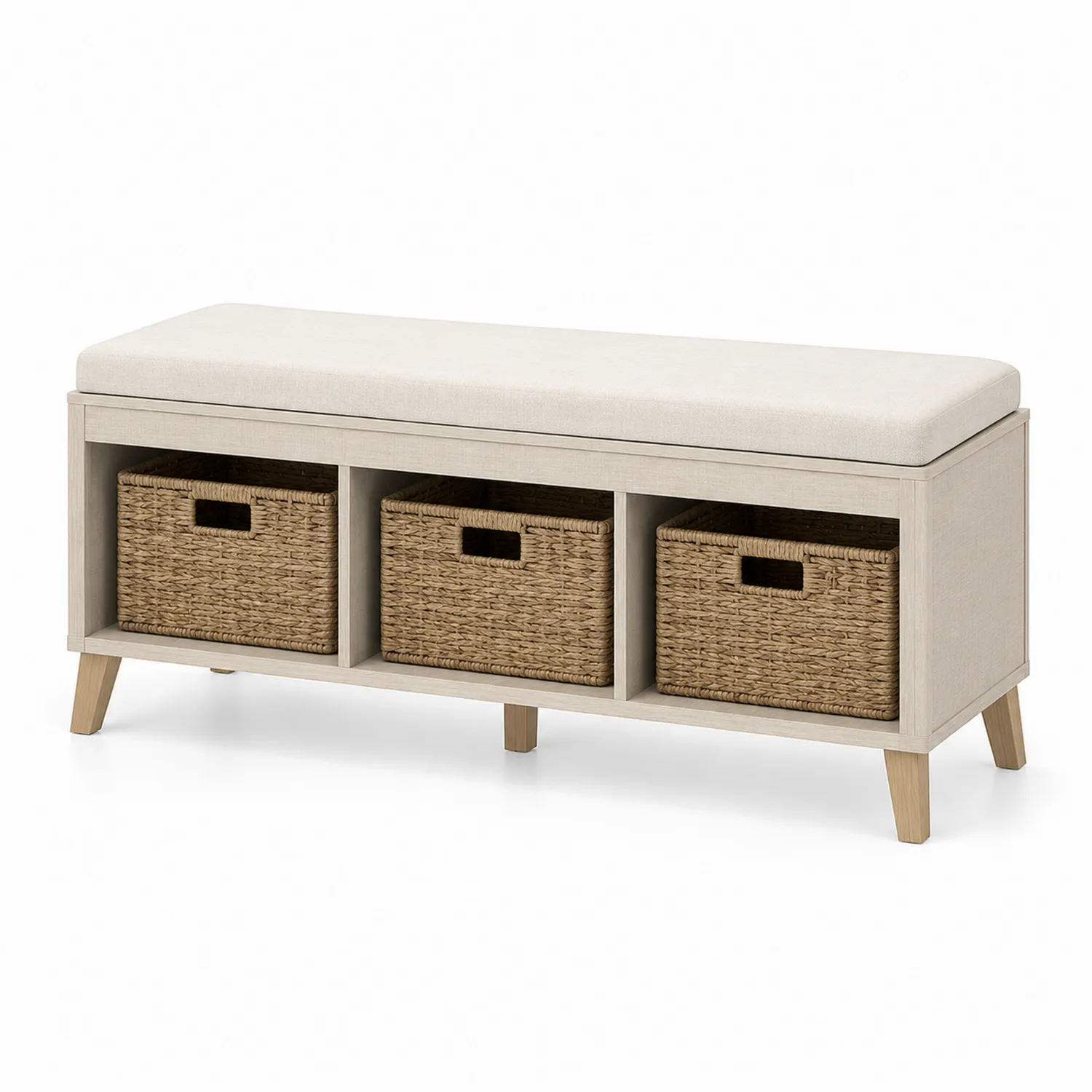 Holzbank mit Leinenkissen und Körben Beige