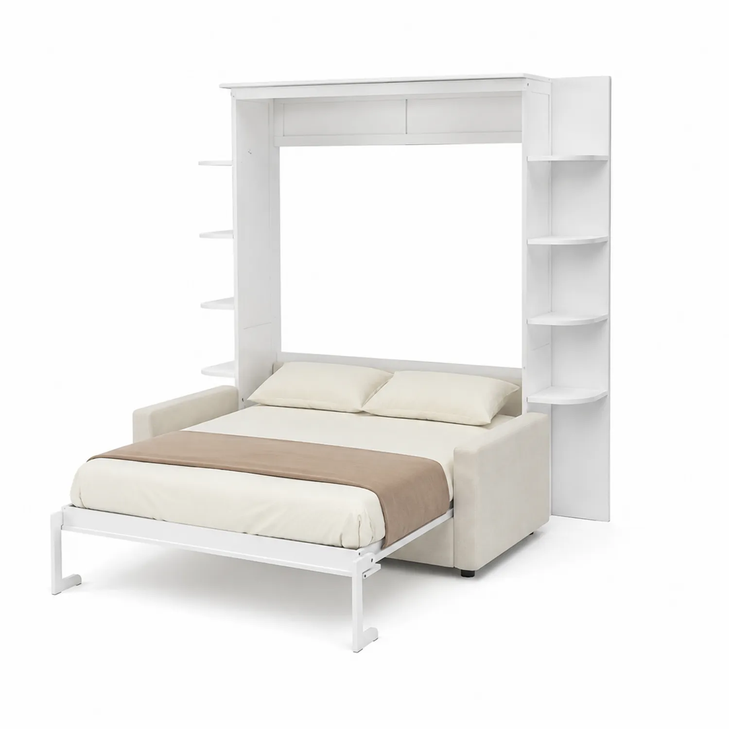 Cama abatible de madera con sofá y estanterías integradas