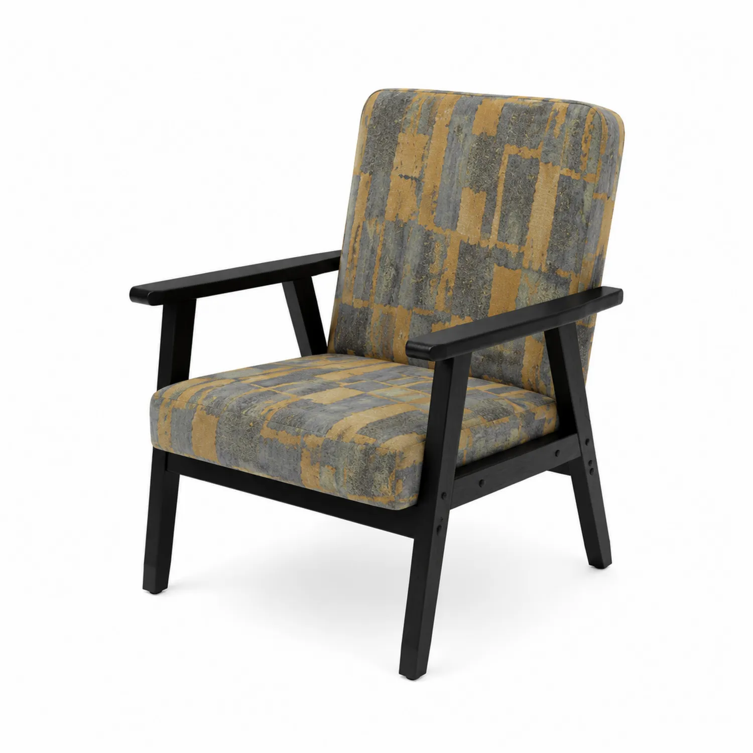 Silla de Madera Negra con Asiento de Tela Gris y Amarillo