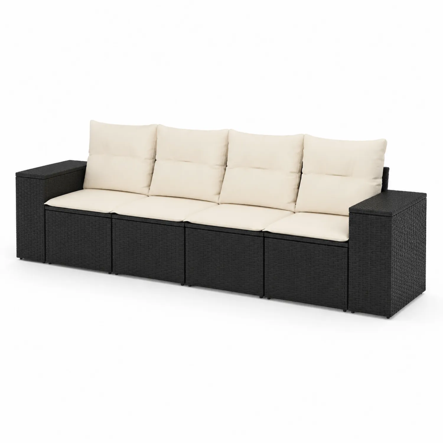 Sofá modular de ratán sintético negro con cojines crema