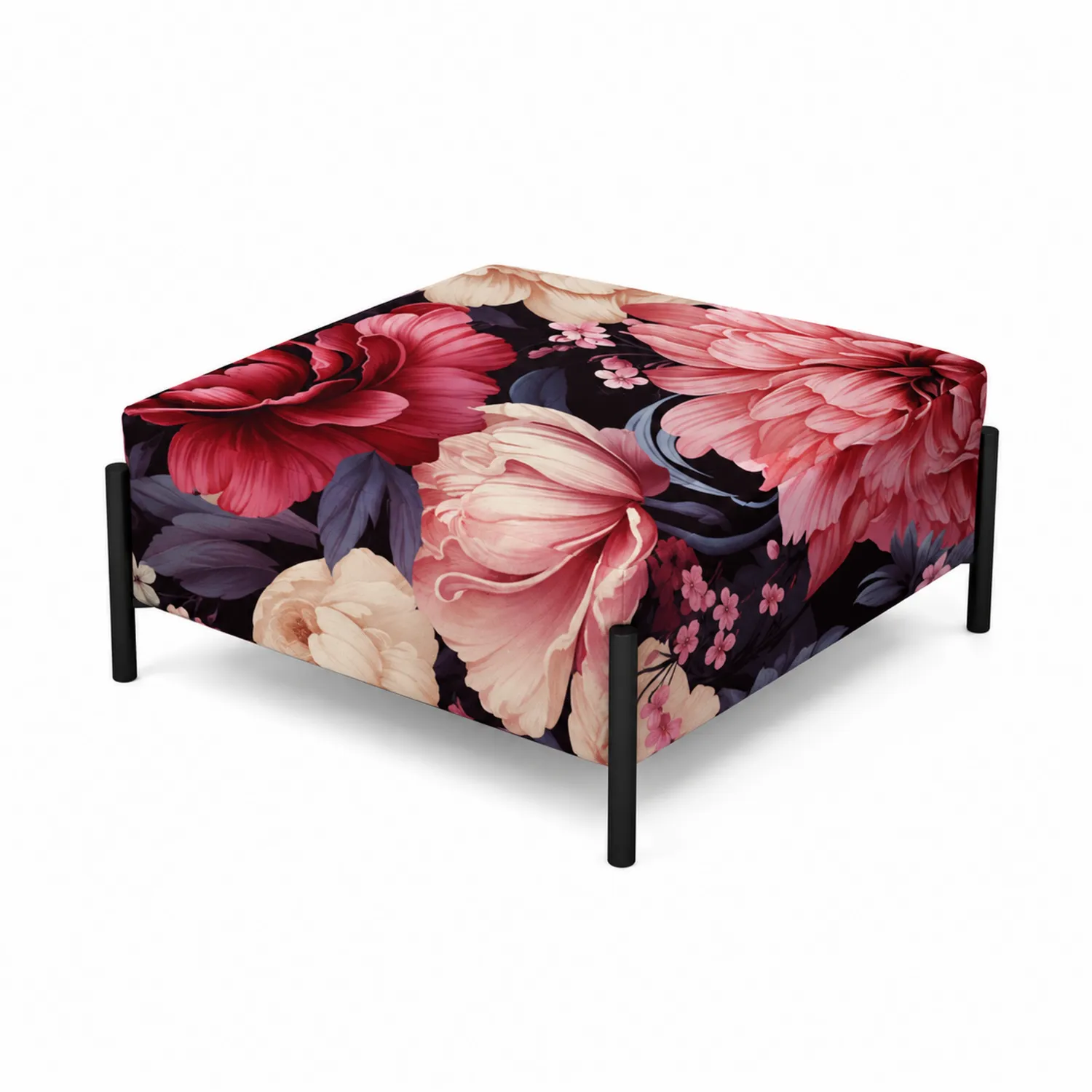 Puf cuadrado de tela floral con patas metálicas negras, 60x60x40 cm