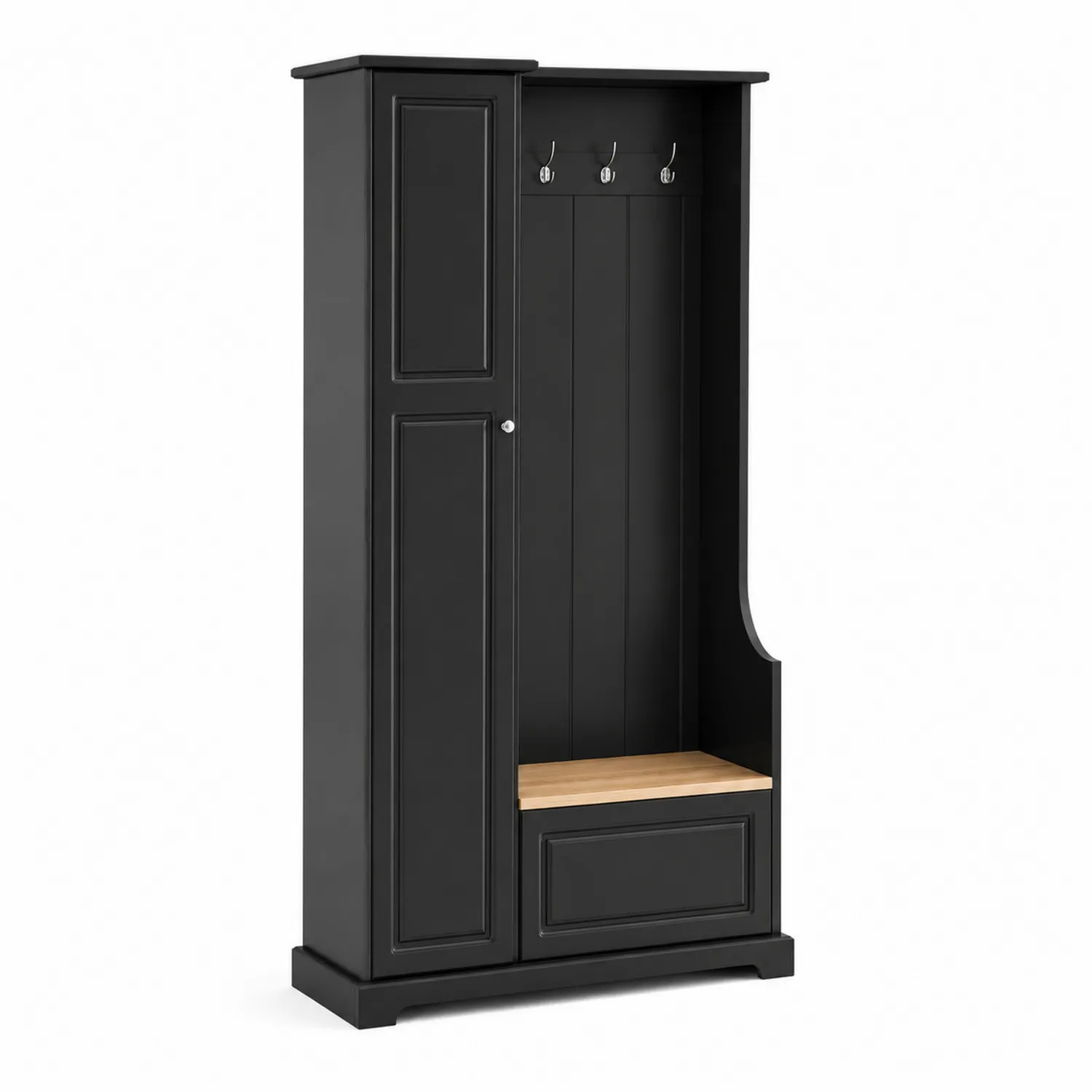 Perchero de Madera con Armario y Banco Negro