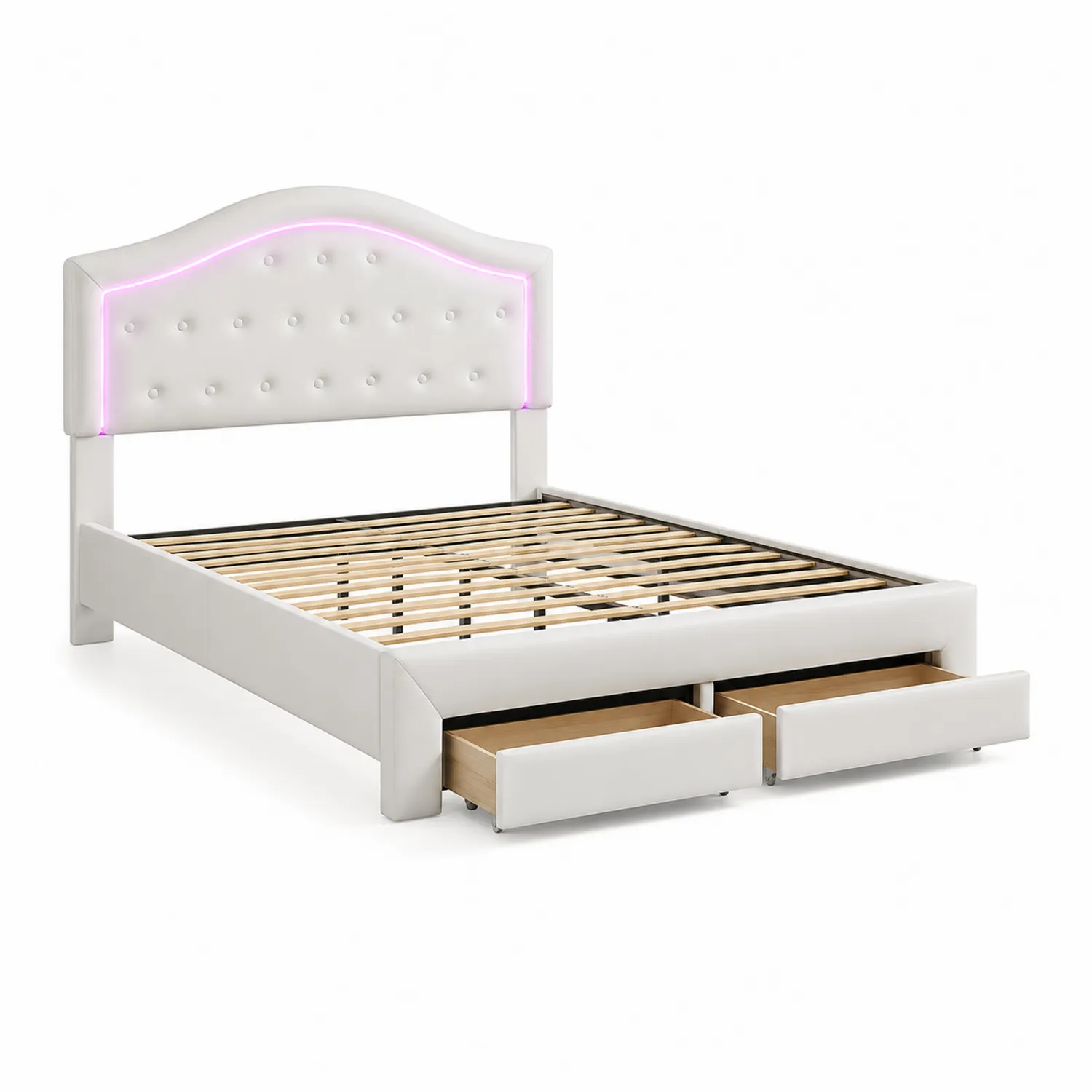 Cama de PU blanco con almacenamiento y cabecero LED 200x160 cm