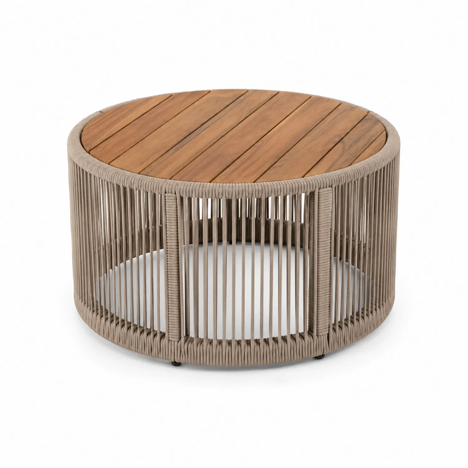 Mesa de centro redonda para exterior de teca y cuerda beige 60 cm