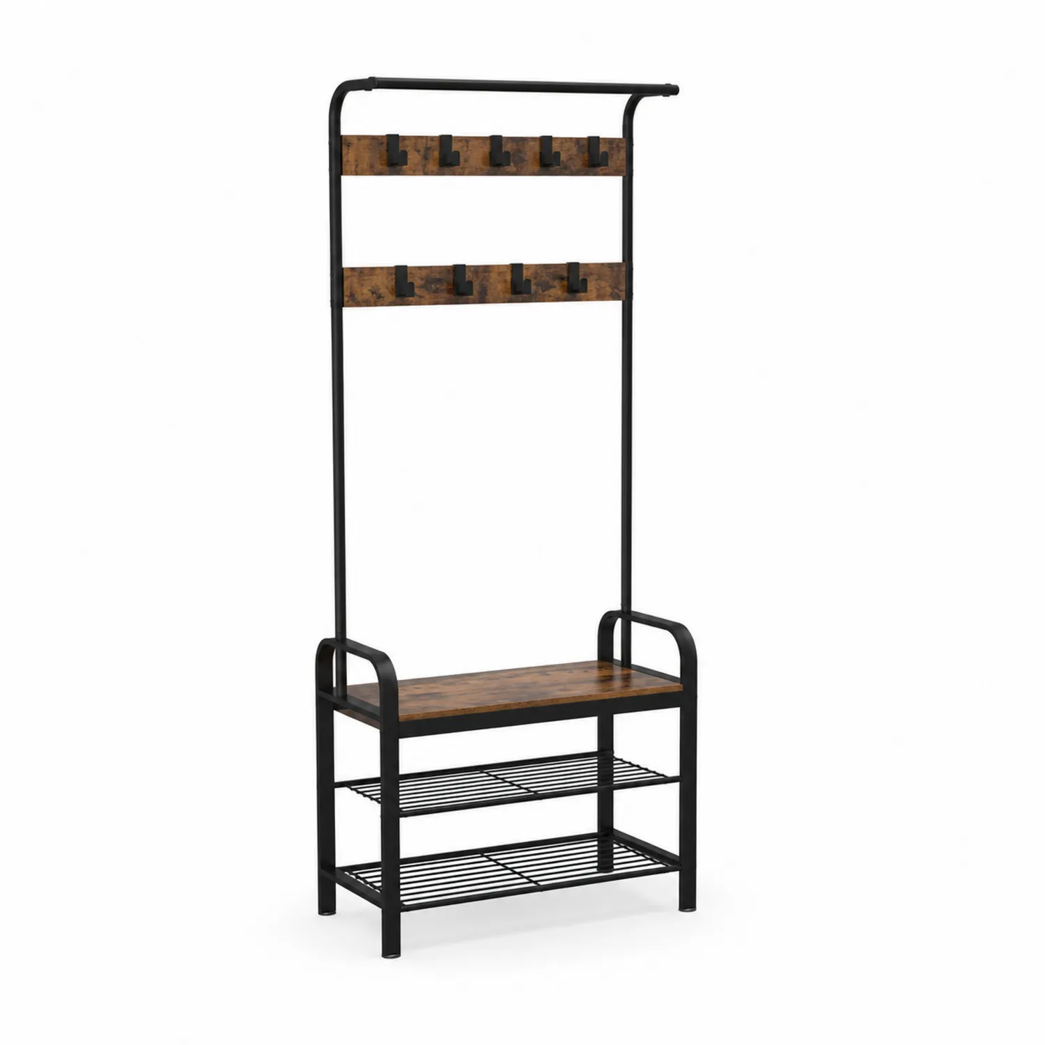 Perchero con Banco de Madera y Estante Metálico 185cm x 80cm x 30cm