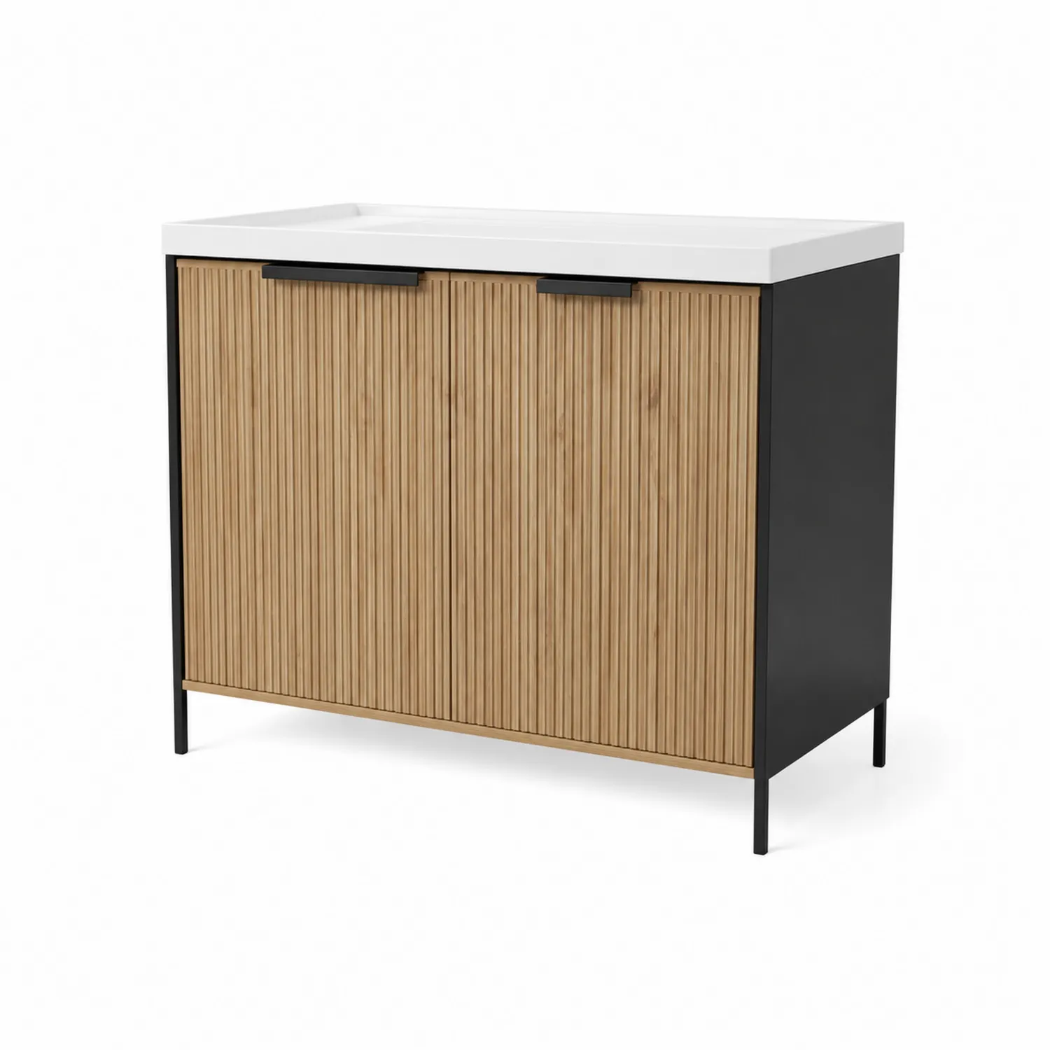 Mueble de lavabo de metal y bambú con puertas ranuradas 80x85x45 cm
