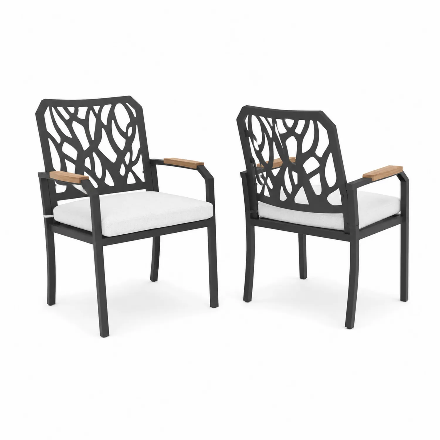Set de sillas de aluminio con reposabrazos de teca y cojín blanco