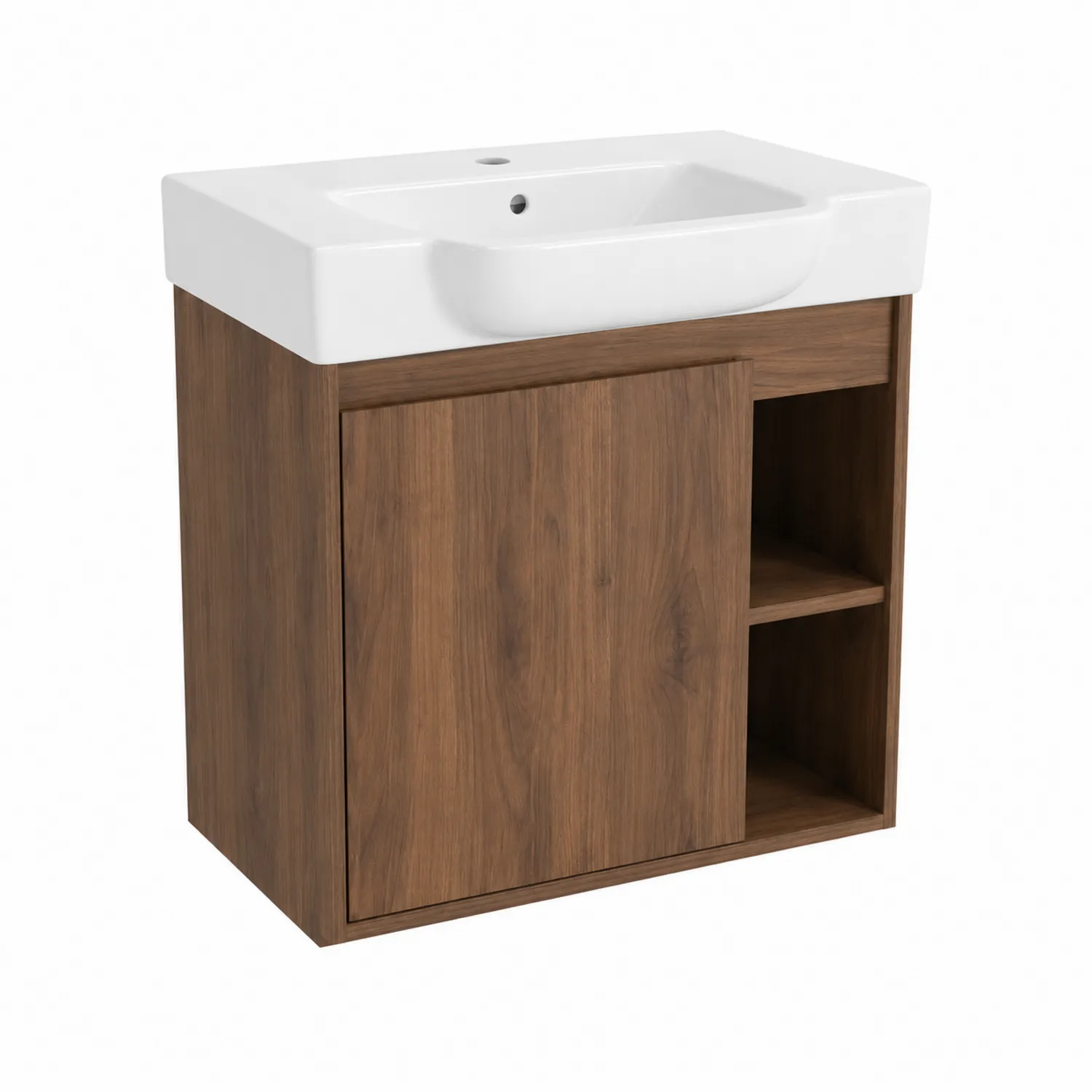 Mueble de lavabo de madera con cerámica blanca