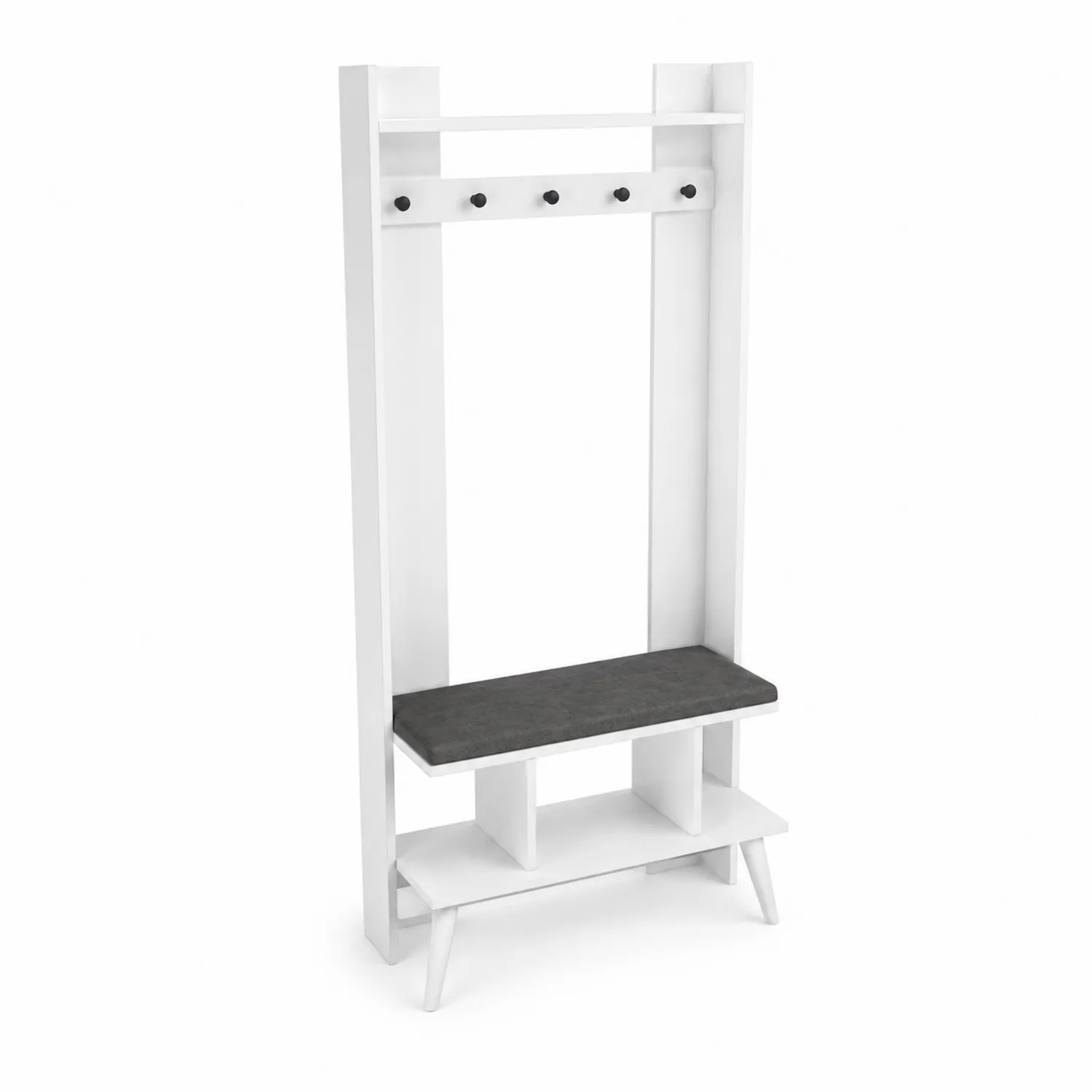 Perchero con banco de madera MDF blanco y cojín gris, 180 cm de altura
