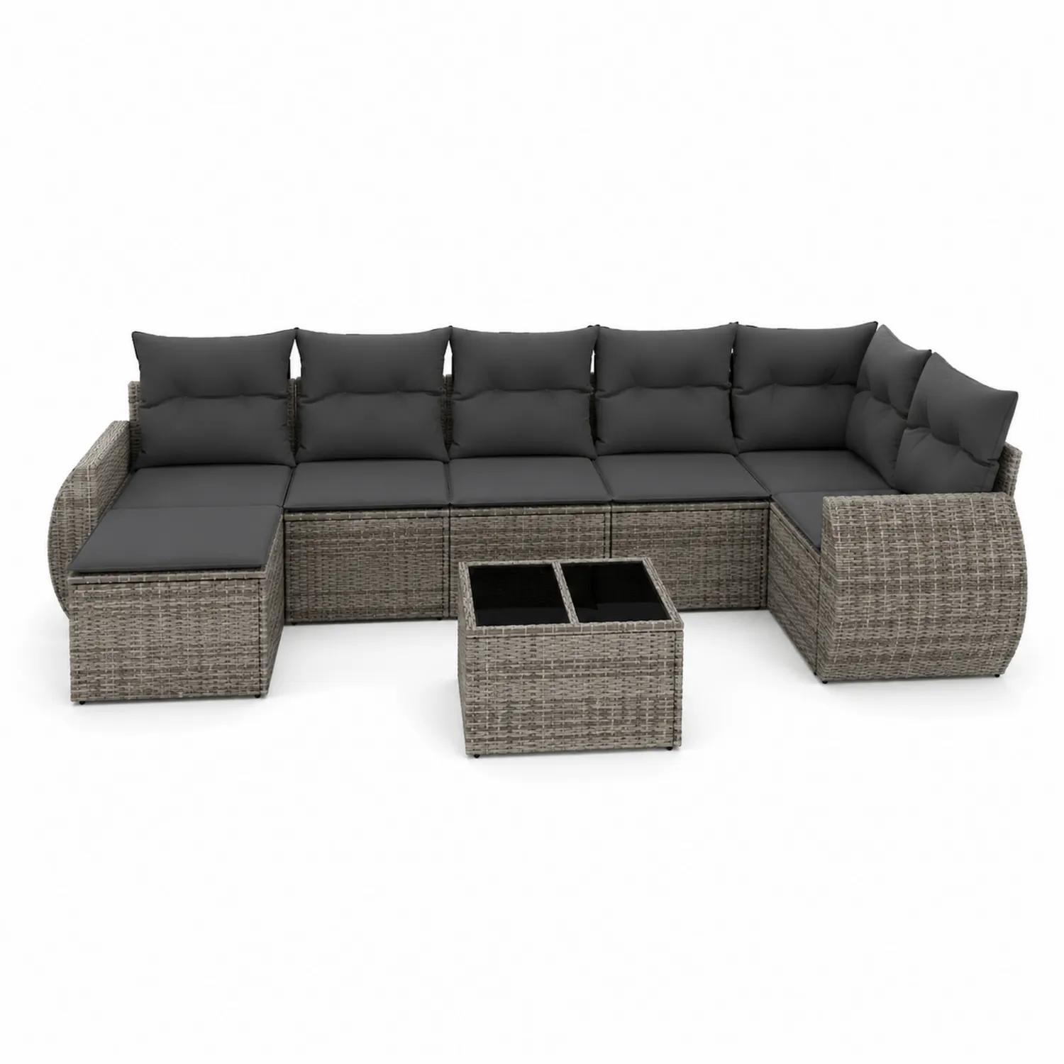 Sofá modular de ratán sintético para exterior con cojines gris oscuro