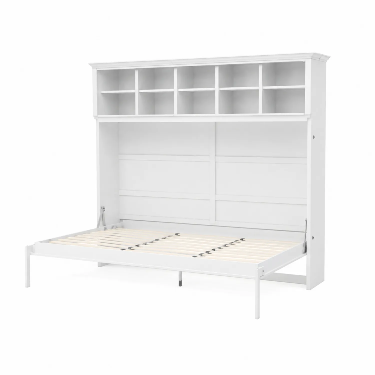 Cama abatible de madera y metal con estantería blanca MDF 200x140 cm