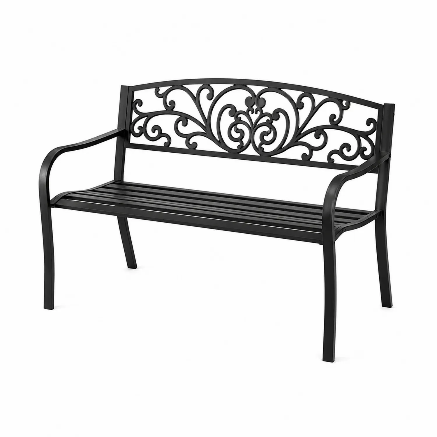 Banco de metal negro con respaldo decorativo 128 cm